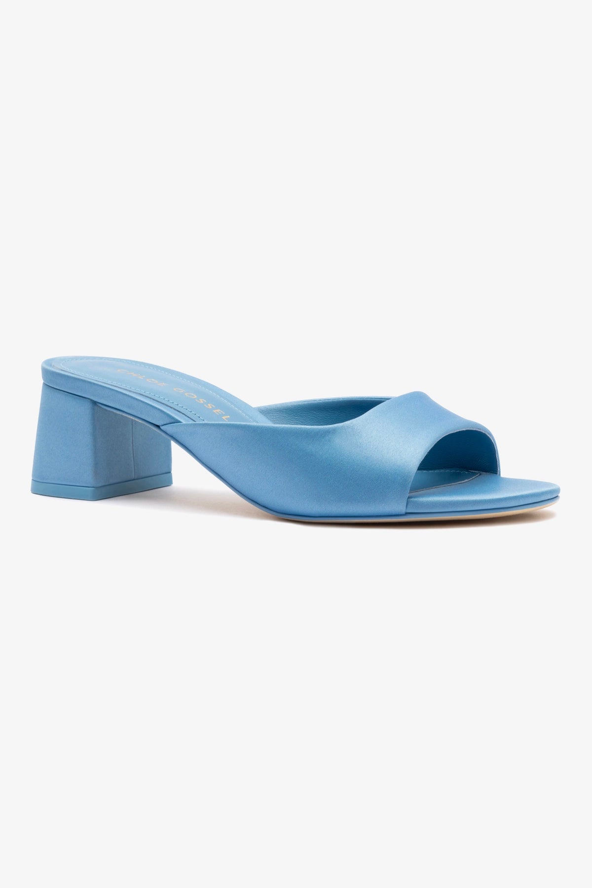 Chloe Gosselin by Larroudé Women's Anah Mule Slippers - Blue Satin Heels for Women - Comfortable House Shoes for Indoor/Outdoor Wear, Perfect for Lounging, Parties & Special Occasions