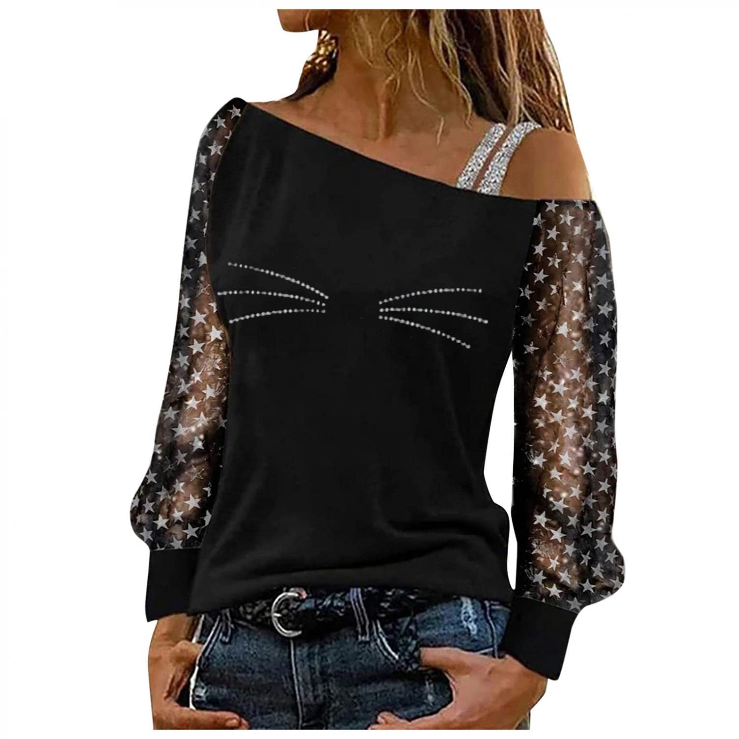 Sexy Cold Shoulder Lace Long Sleeve Blouse for Women - Floral Print Fashion Tunic Top for Party, Date Night & Casual Wear