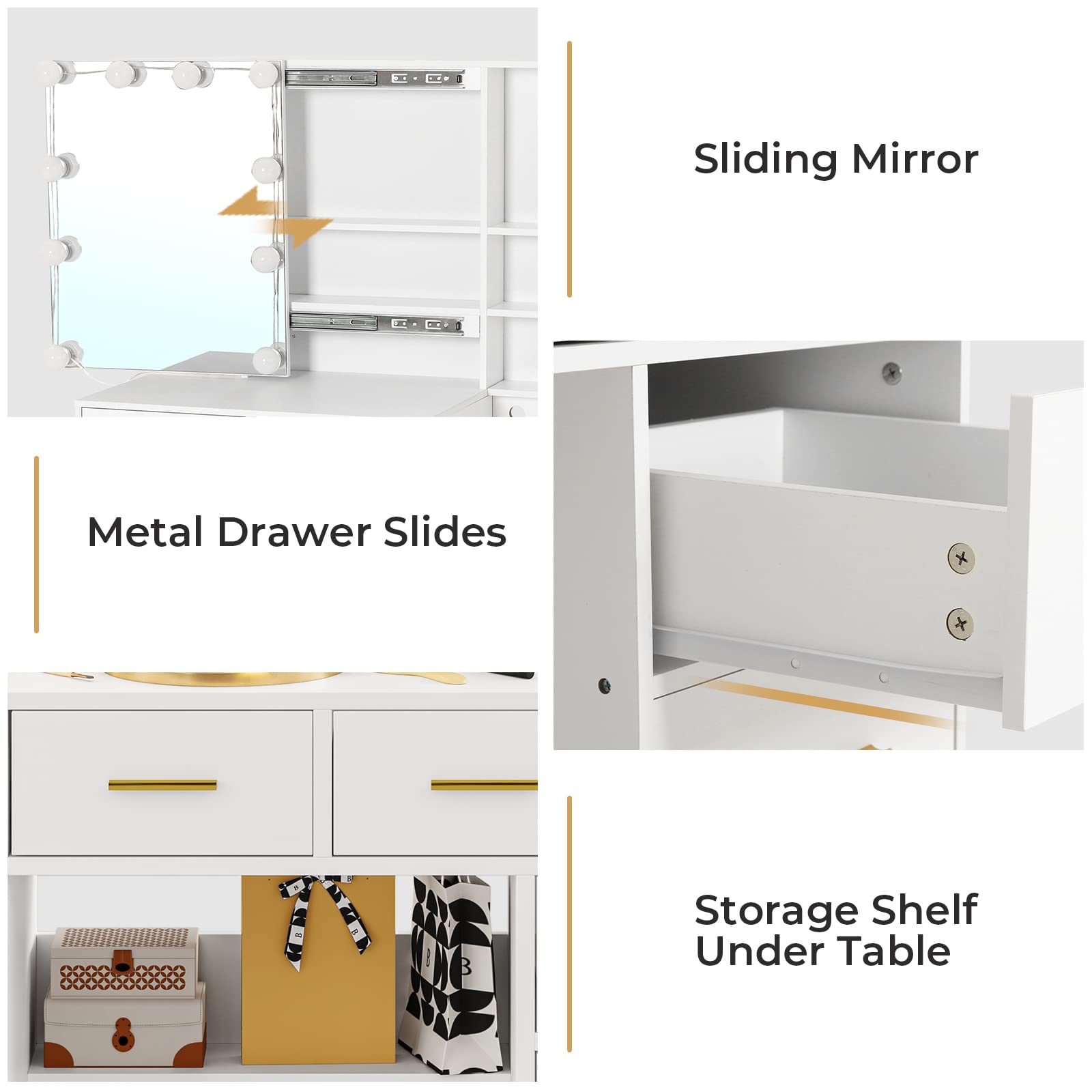 Modern White Vanity Desk with Sliding Mirror, LED Lights & USB Charging Station - 5 Drawers Makeup Table with Hidden & Open Storage Shelves - Perfect for Bedroom, Dressing Room & Home Beauty Salon