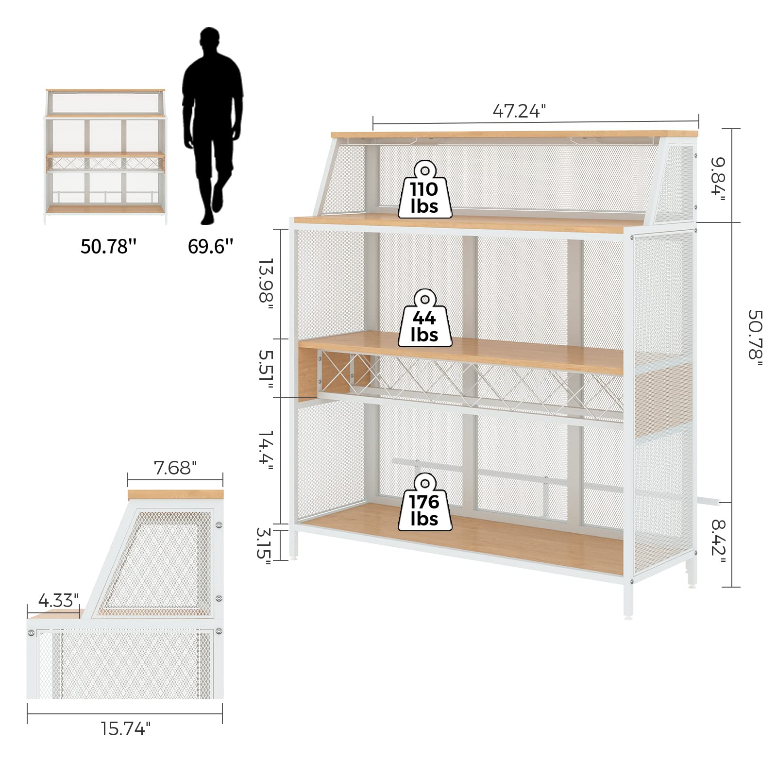 Industrial 4-Tier Home Bar Cabinet with Footrest & Wine Rack - Metal Liquor Storage Shelf for Kitchen, Pub or Living Room - White KFO Buffet Cabinet for Entertaining Guests