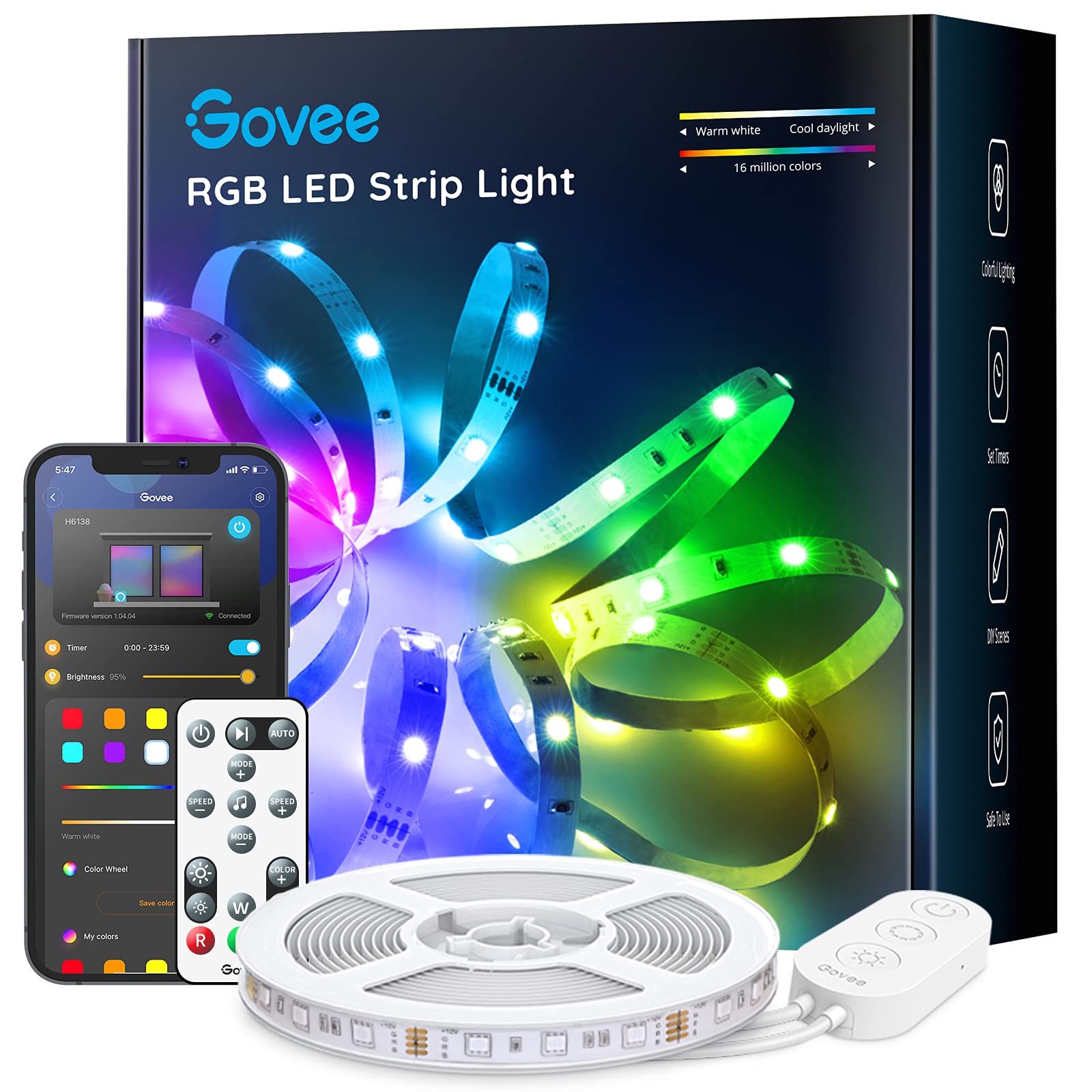 Govee 16.4ft Smart LED Strip Lights with Bluetooth App Control - Color Changing RGB Lights with Remote, 64 Dynamic Scenes & Music Sync for Bedroom, Kitchen, Party Decor & Home Lighting