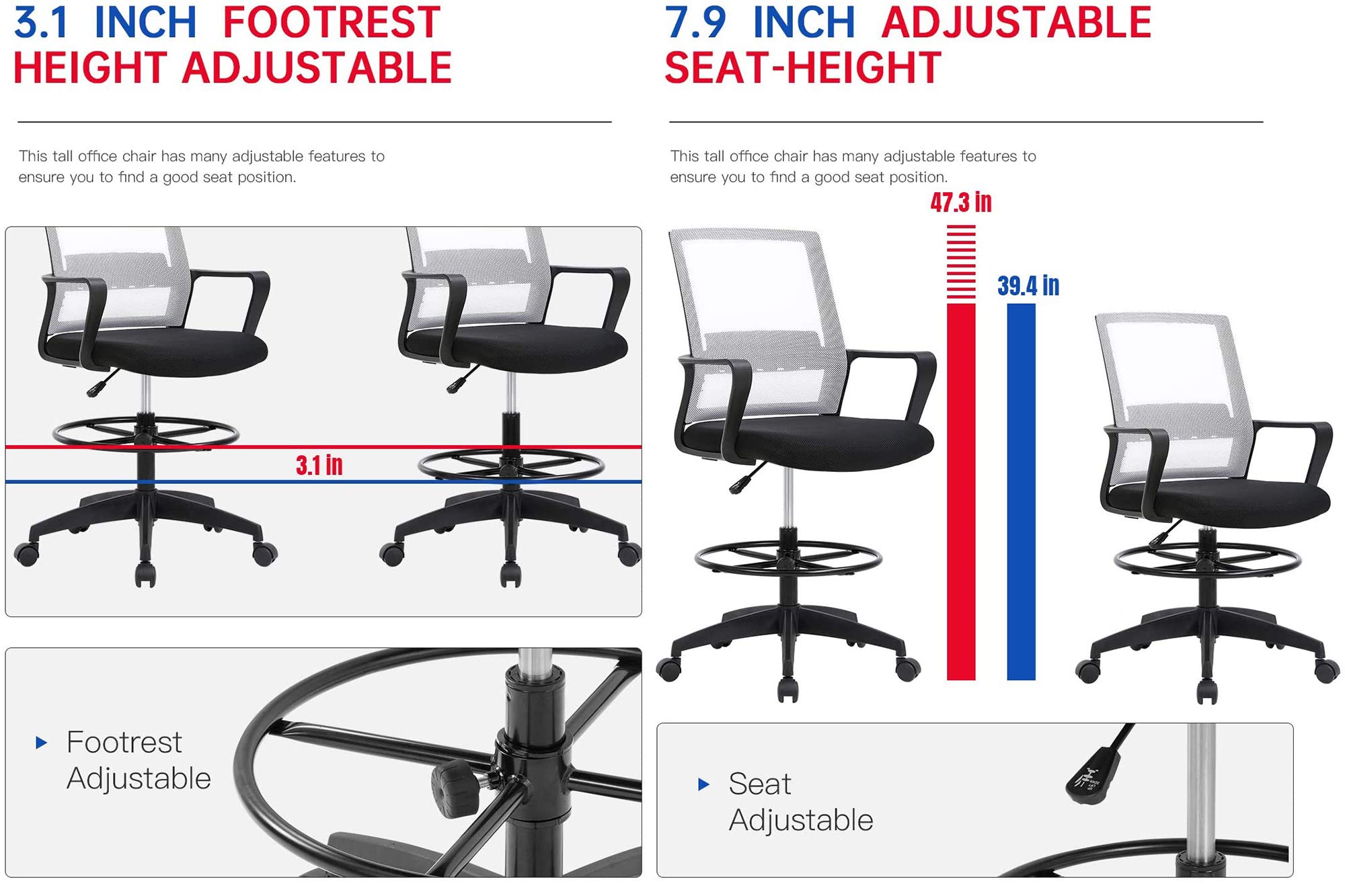 Ergonomic Adjustable Height Drafting Chair for Home Office - Tall Standing Desk Chair with Lumbar Support, Arms & Footrest - Mid Back Mesh Computer Chair with Swivel & Wheels - Perfect for Architects, Designers & Long Work Sessions (White)