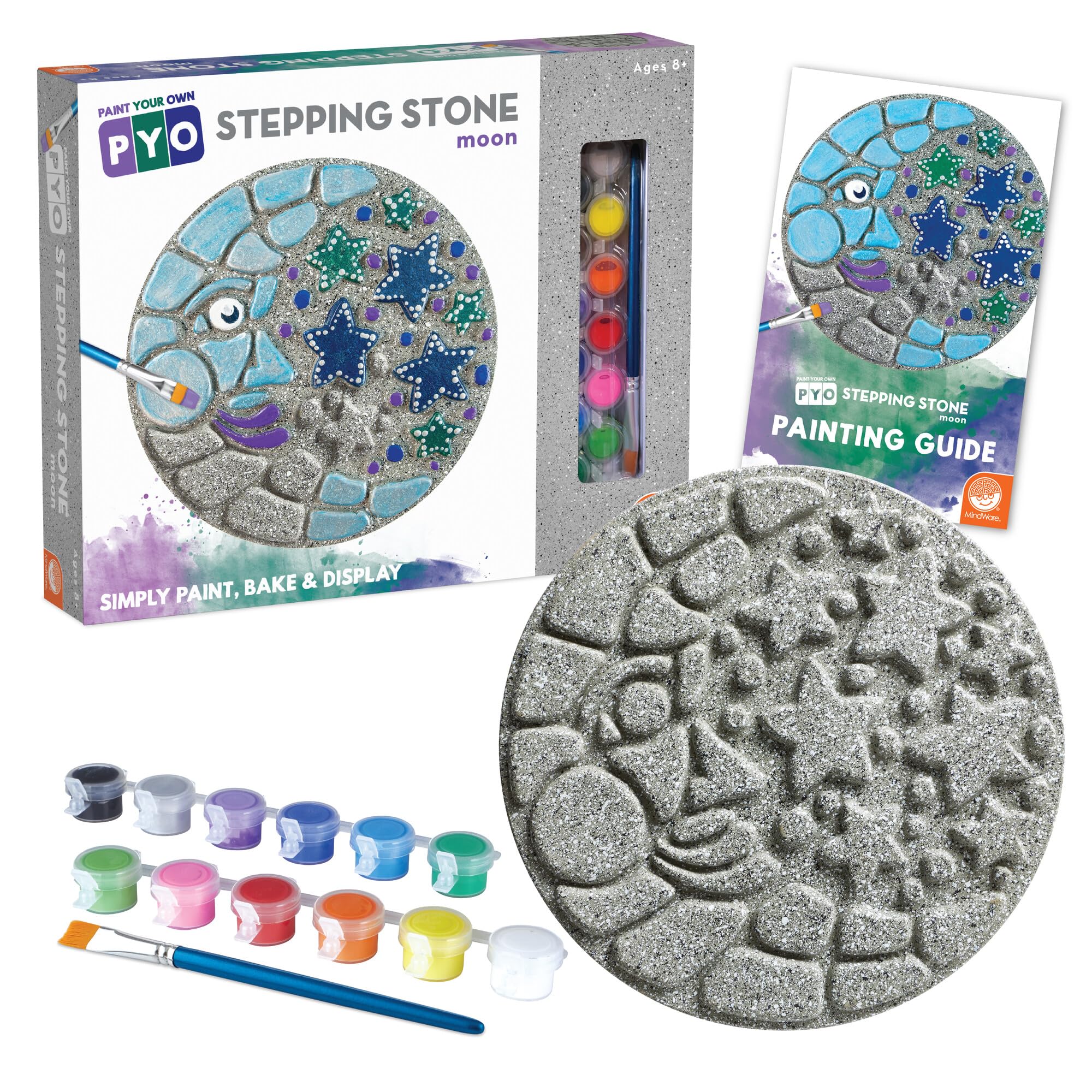 MindWare DIY Mosaic Stepping Stone Kit - Paint Your Own Moon & Stars Garden Decor - Includes Non-Toxic Paints & Brushes - Perfect for Kids Crafts, Outdoor Decor, and Garden Pathways