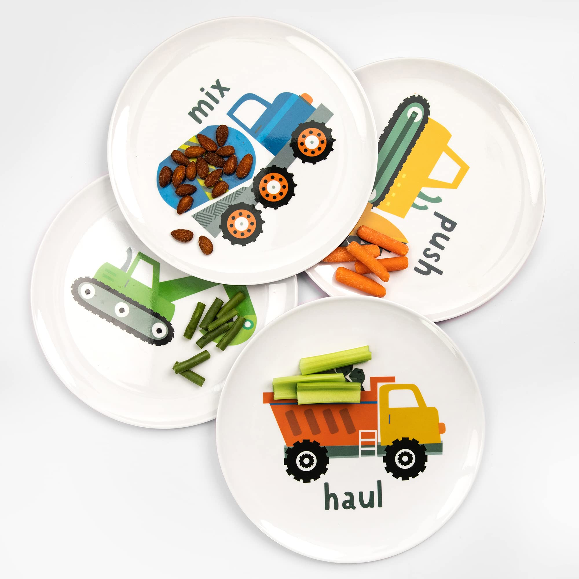 Tiny Expressions - 4-Piece Construction Themed Toddler Plates Set - Melamine Kids Dinnerware with Excavator, Cement Mixer, Bulldozer & Dump Truck Designs - Durable Plastic Plates for Boys & Girls - Perfect for Birthday Parties, Daycare Meals & Fun Family Dinners