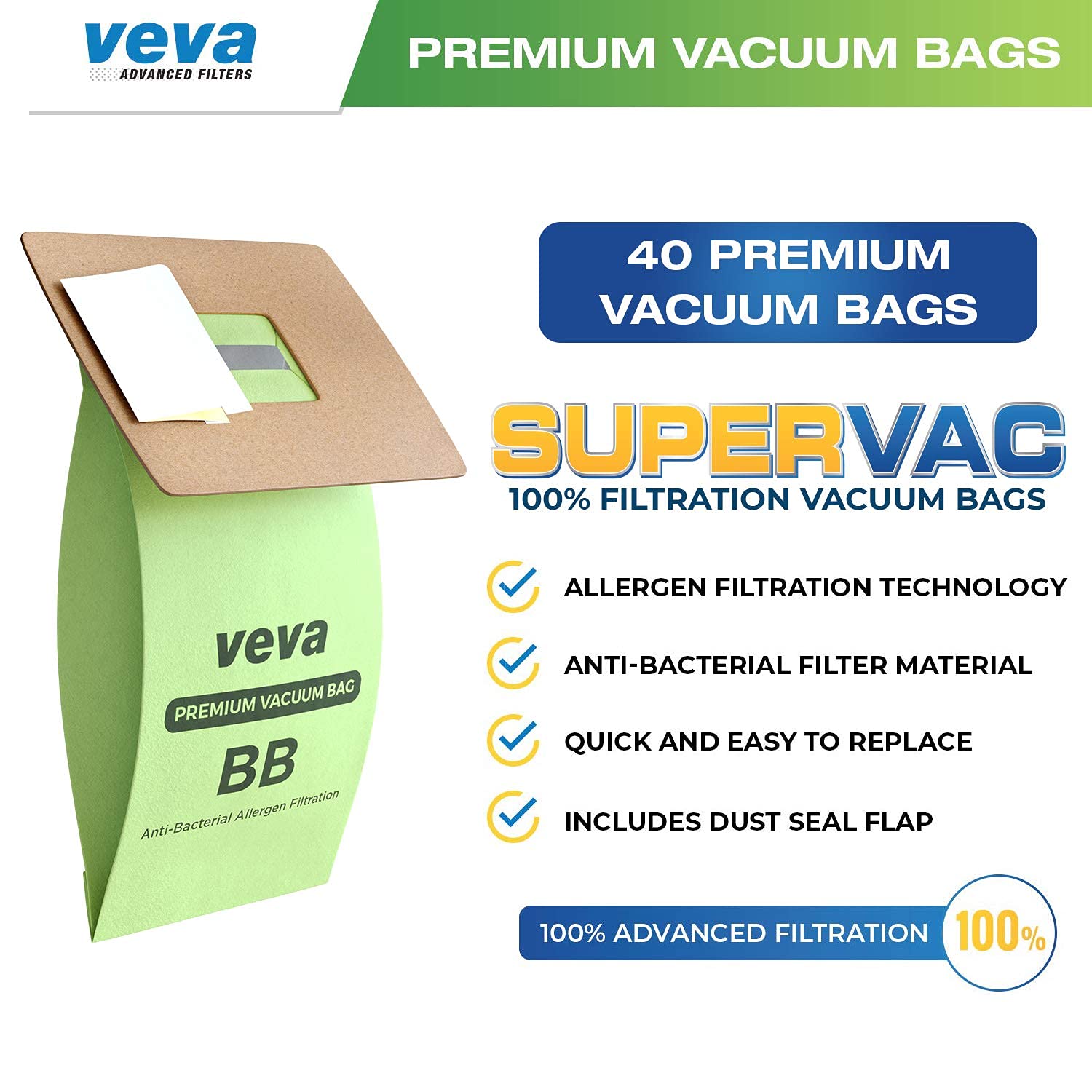VEVA 40 Pack Premium SuperVac Vacuum Bags Style BB - Compatible with Handheld Vacuums BB180, BB280, BB850-1200 | Replacement Filters for Dust & Pet Hair | Ideal for Home Cleaning, Car Detailing & Small Spaces