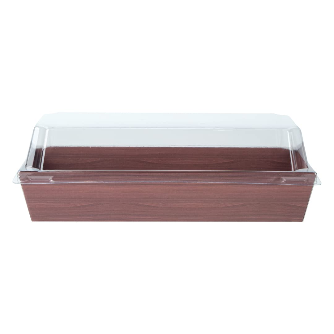 Restaurantware Matsuri Vision 6.5 x 1.7 x 1.4 Inch Disposable Sushi Trays - 100 Greaseproof Wood Grain Paper Sushi Containers for Appetizers, Desserts & Takeout (Lids Sold Separately) | Perfect for Japanese Restaurants, Catering & Food Delivery