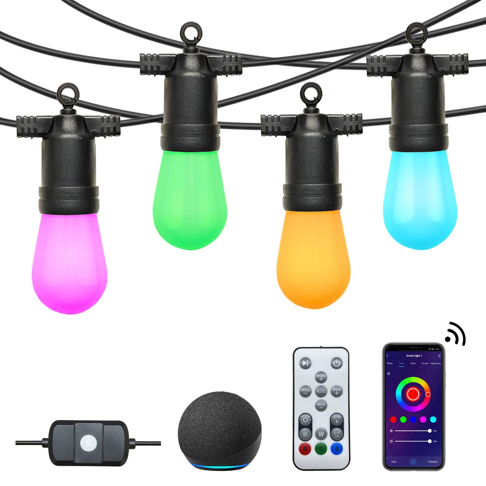 ZYAN 48FT Smart RGB WiFi Outdoor String Lights - Color Changing LED Patio Lights with APP, Alexa & Remote Control, 16 Shatterproof Dimmable Waterproof Bulbs for Backyard, Party, Wedding & Garden Decoration