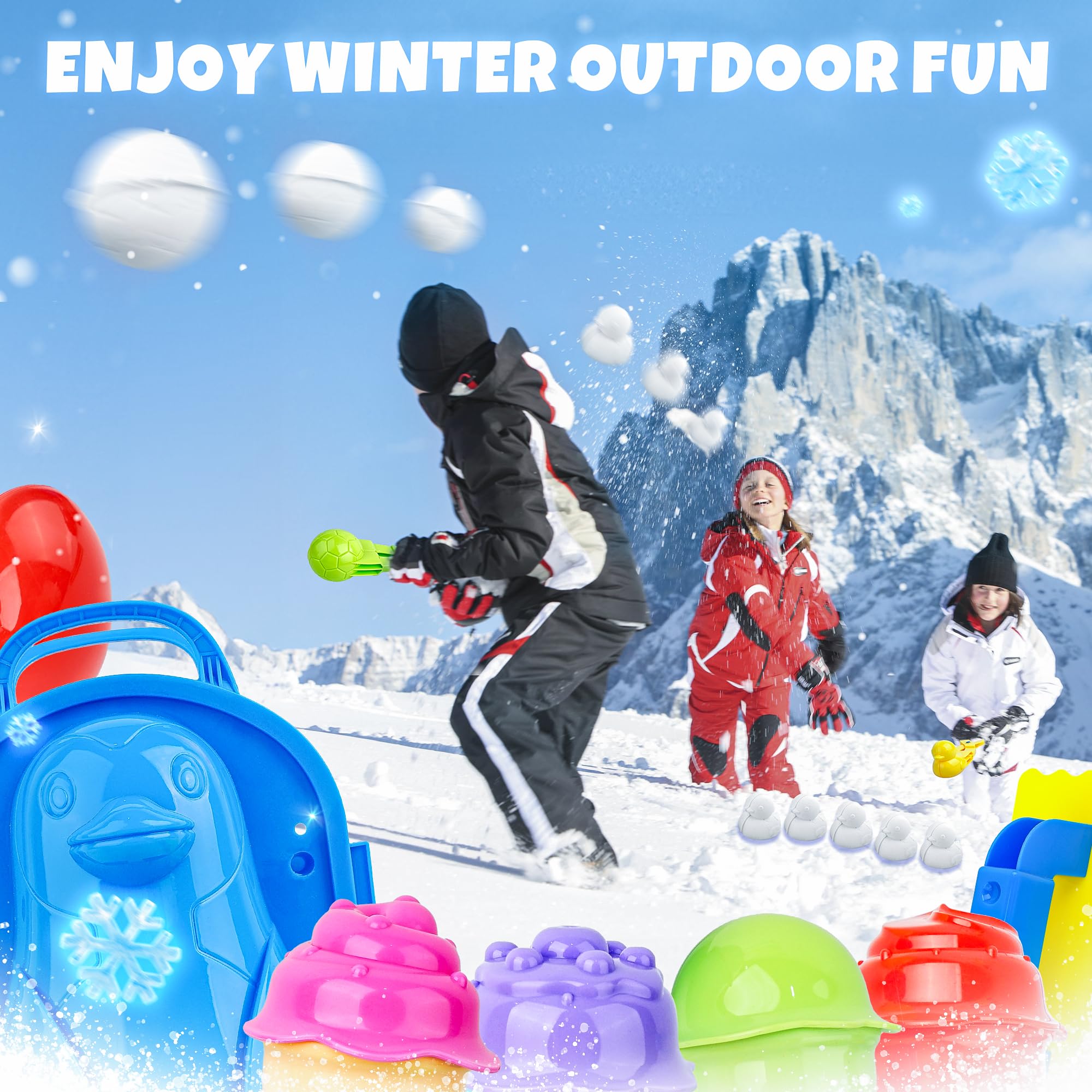 23Pcs Snowball Maker Kit with Ice Cream, Duck, Penguin Molds & Castle Brick Maker - Fun Winter Snow Toys for Kids & Adults - Perfect for Outdoor Snow Play, Snowman Building & Family Winter Activities