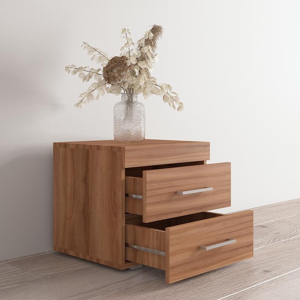 Modern Walnut Nightstand with 2 Storage Drawers - Compact Bedside Table for Bedroom - Matte Finish Wooden End Table | Space-Saving Bedroom Furniture for Small Spaces, Apartment Living & Guest Rooms