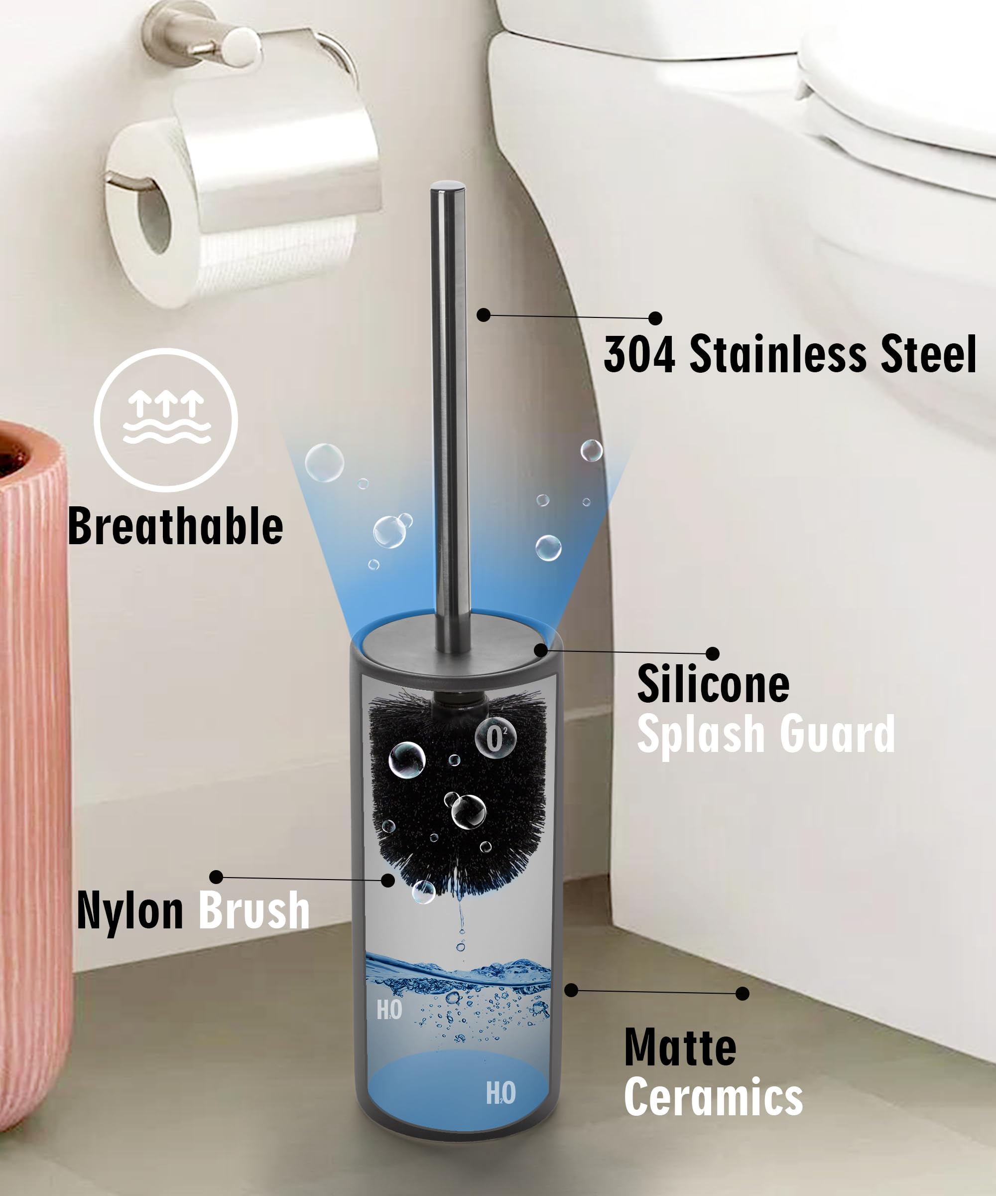 Gray Ceramic Toilet Brush Set with Holder - Stainless Steel Handle for Deep Cleaning - Bathroom Essentials