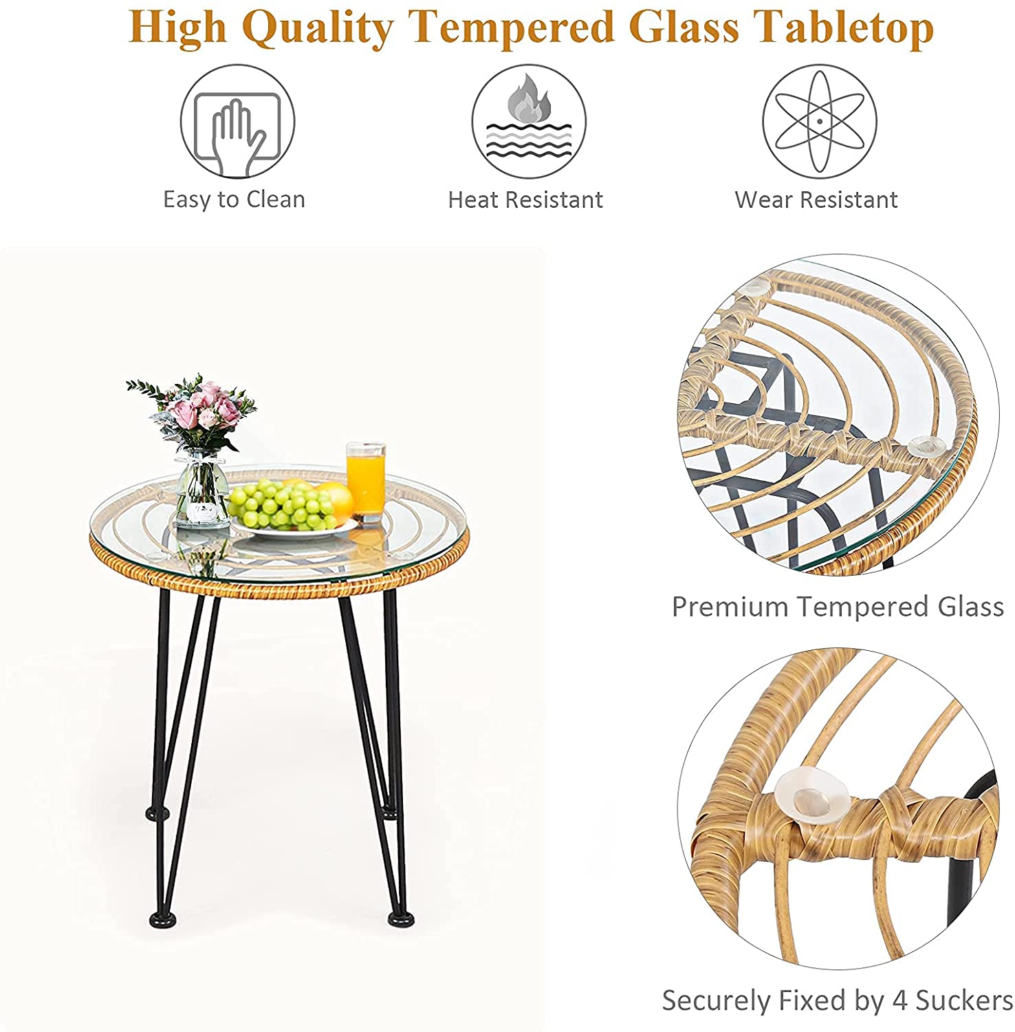 Topment 2-Piece Bistro Set with Rattan Chairs & Tempered Glass Table - Outdoor Patio Furniture with Removable Washable Beige Cushions - Perfect for Cafe, Balcony, Poolside, Garden, and Indoor Use (Pale Brown)