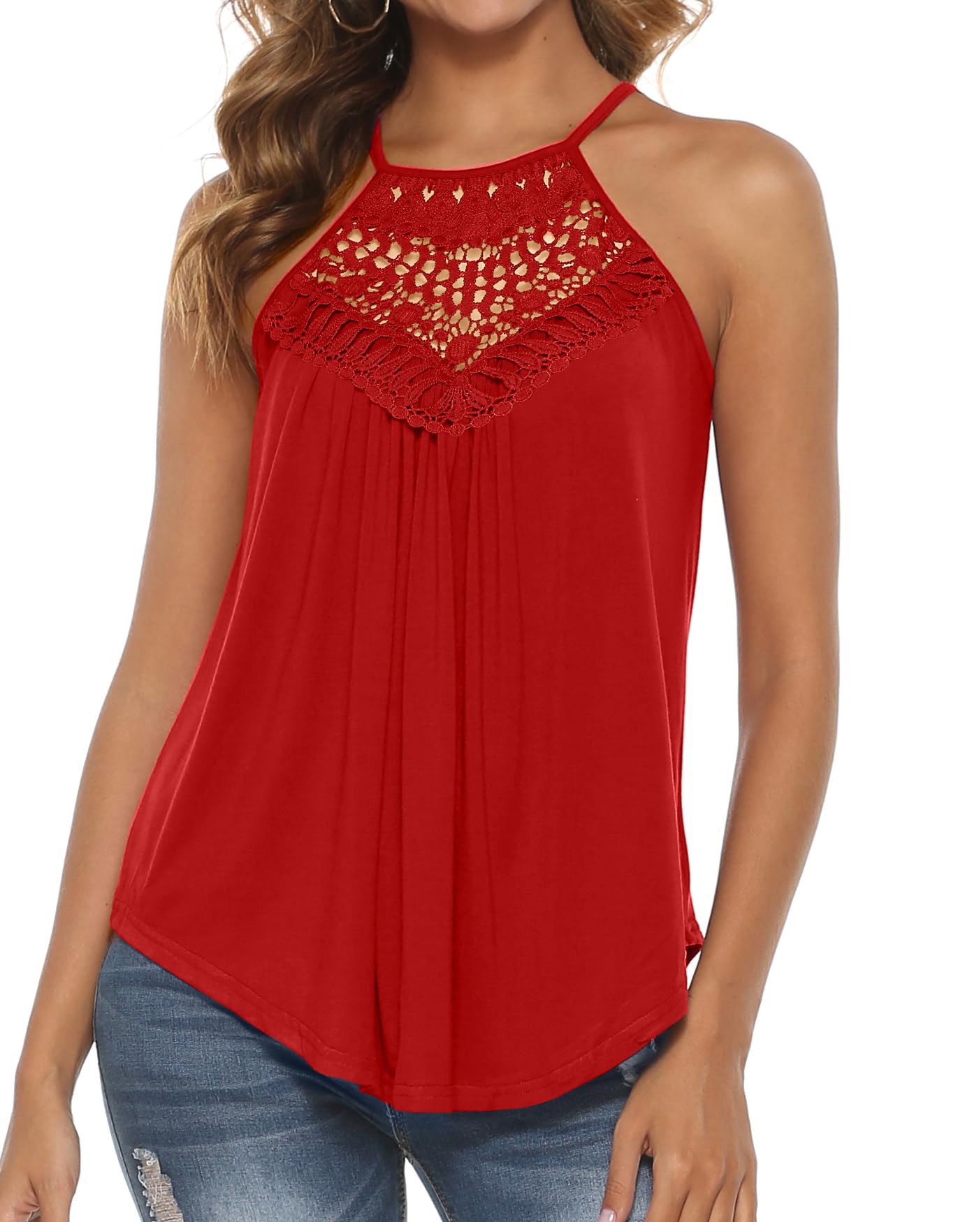 Bluetime Women's Summer Halter Spaghetti Strap Flowy Tank Top - Sleeveless Lace Cami Blouse for Casual Wear, Beach & Vacation Outfits