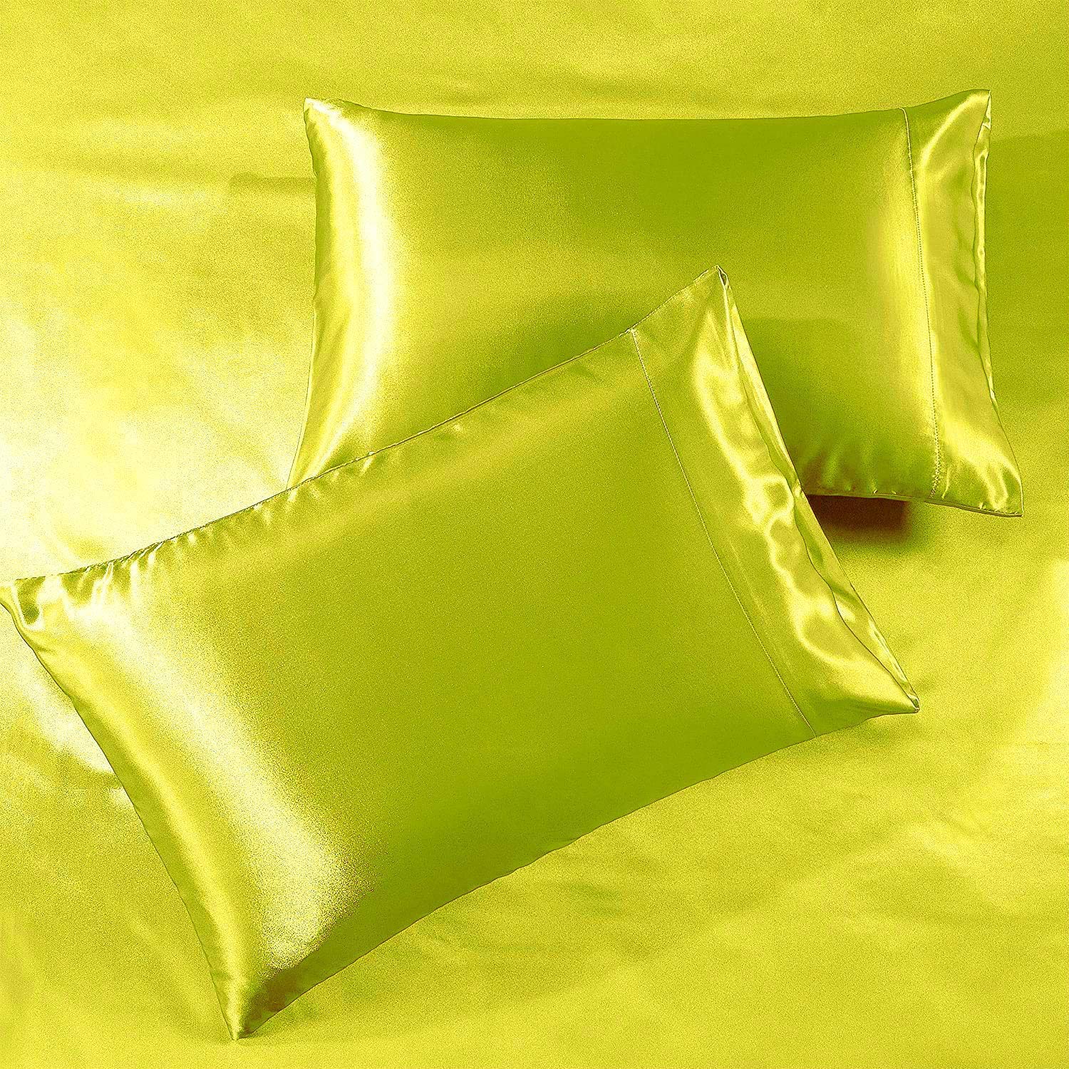 Luxury 10-Piece Satin Comforter Set - Soft Silk-Like Bedding (Comforter, Duvet Cover, Flat Sheet, Fitted Sheet, 6 Pillowcases) - Olympic Queen Size in Yellow - Perfect for Master Bedrooms, Guest Rooms & Luxury Hotels