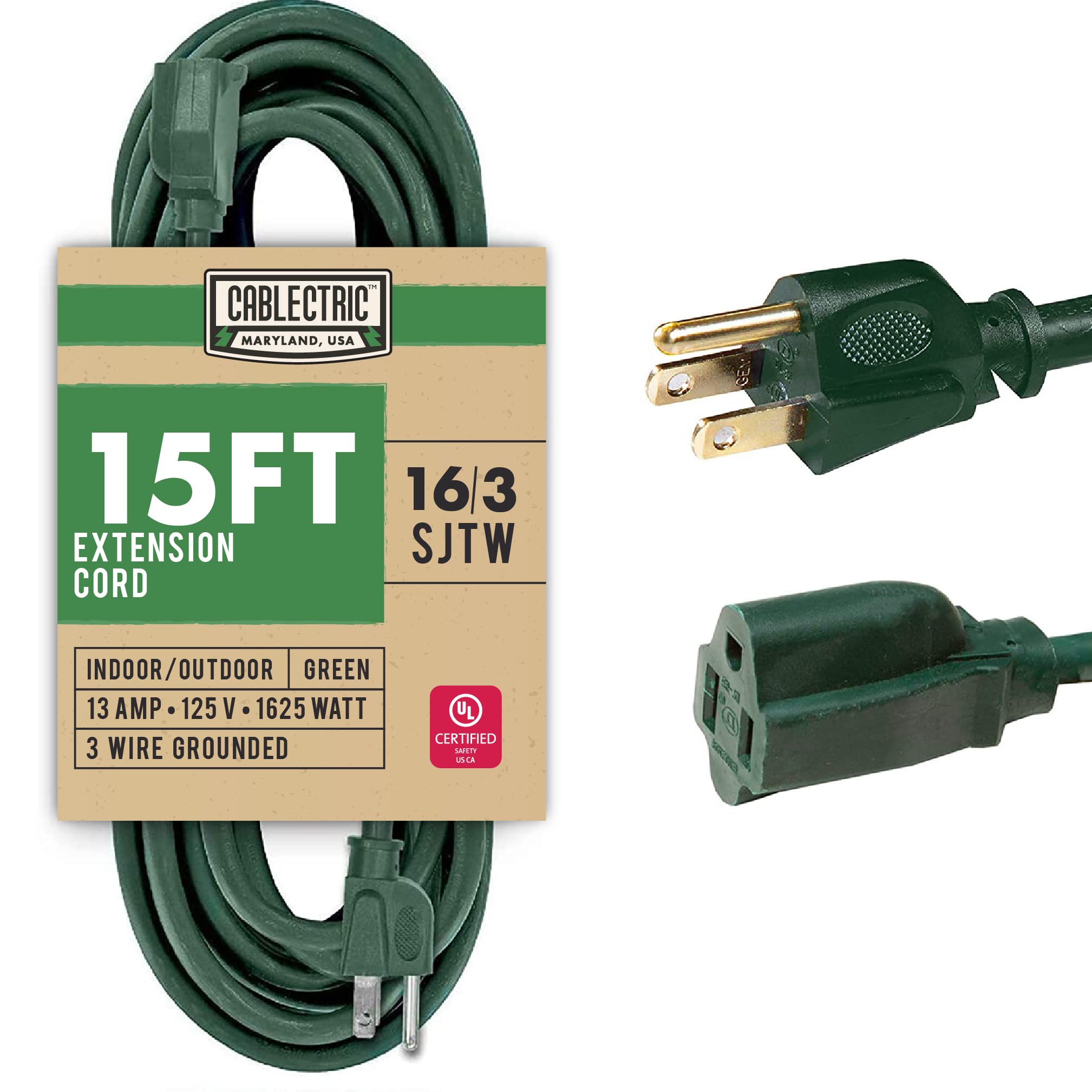 15 ft Outdoor Extension Cord - 16/3 SJTW Heavy Duty Weatherproof Power Cable, 13 Amp, 3 Prong, Green - Perfect for Landscaping, Outdoor Lights & Exterior Power Needs