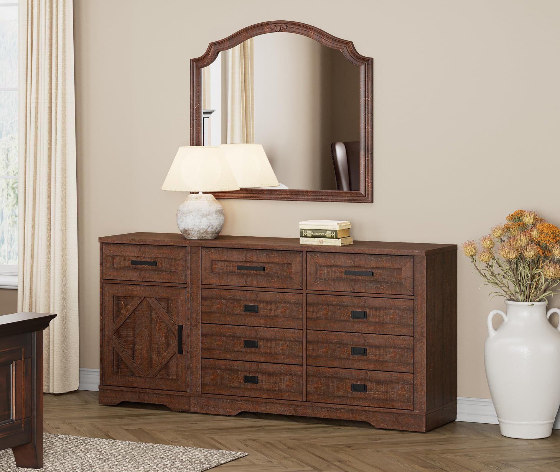 WAMPAT 2-in-1 Extra Wide 9-Drawer Dresser with Door - Brown Bedroom Storage Organizer - Set of 2 Chest of Drawers for Living Room, Hallway, Nursery (66.8