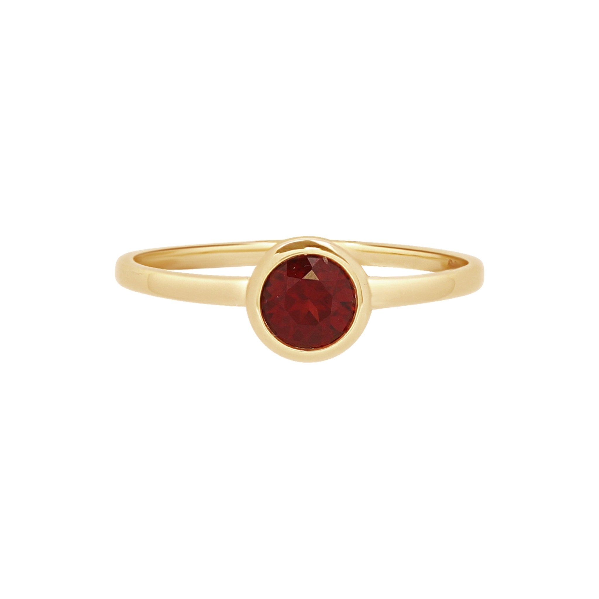 14K Yellow Gold Round Garnet Cocktail Ring - Bezel Set Gemstone Jewelry for Women - Perfect for Parties, Evening Events & Special Occasions
