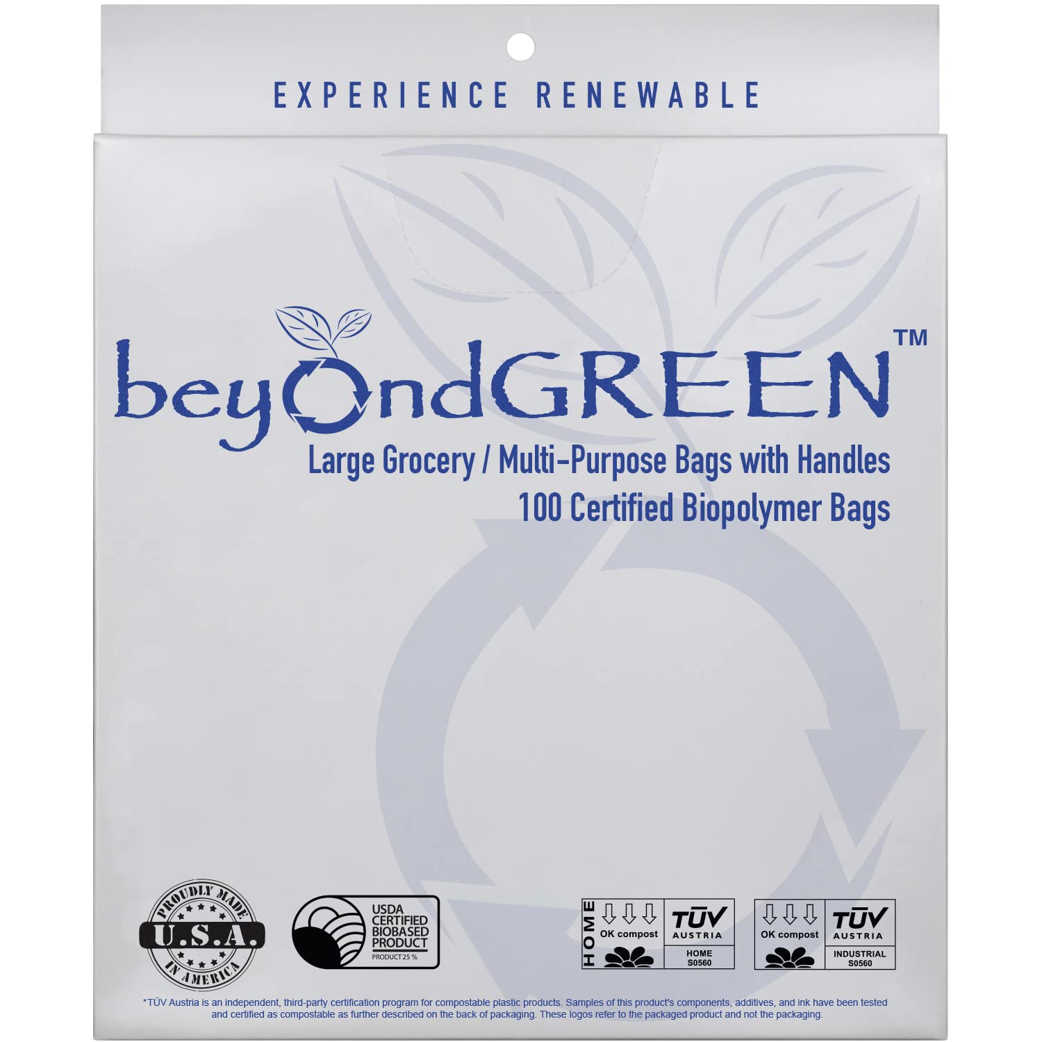 Eco-Friendly Plant-Based Large Reusable Grocery Bags with Handles - 100 Pack (10