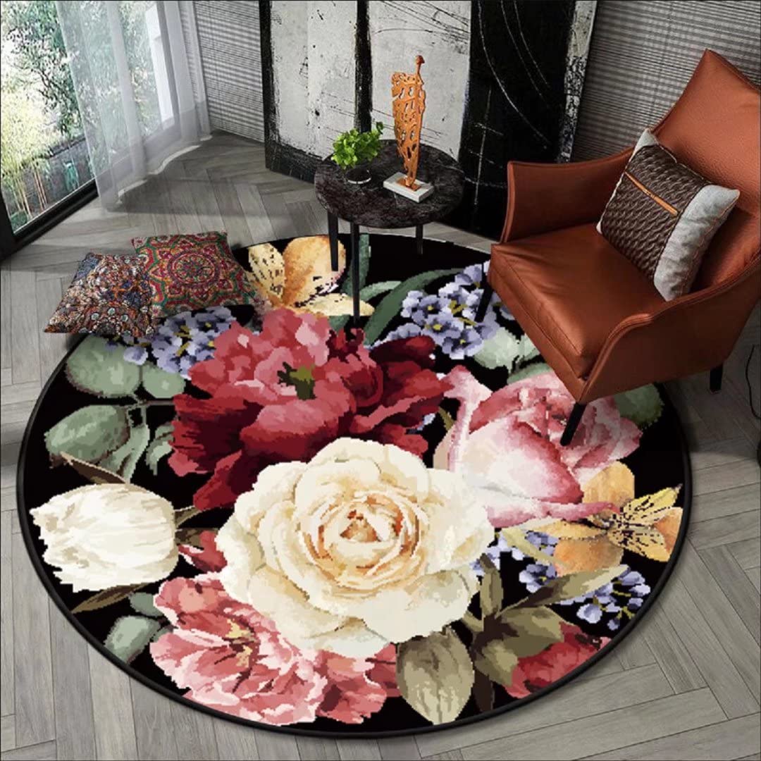 Modern Round Colorful Blooming Flowers Area Rug - Non-Skid Boho Floral Carpet for Living Room, Dining Room, Bedroom - 6ft Home Decor Floor Mat - Perfect for Boho Chic, Farmhouse & Apartment Decor