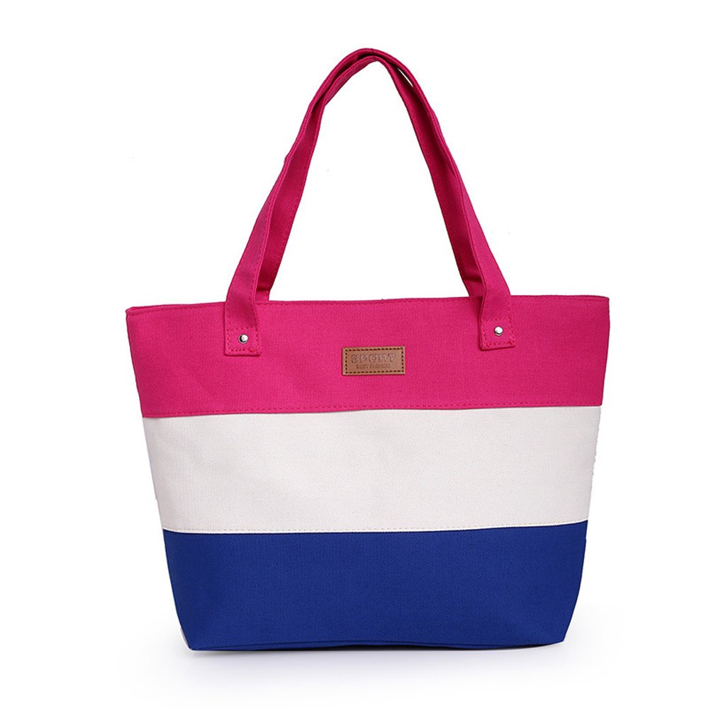 ANSAN Women's Canvas Striped Contrast Color Tote Shoulder Handbag - Multi-Colored Peach Red Fashion Bag for Women | Perfect for Work, Shopping & Travel Accessories