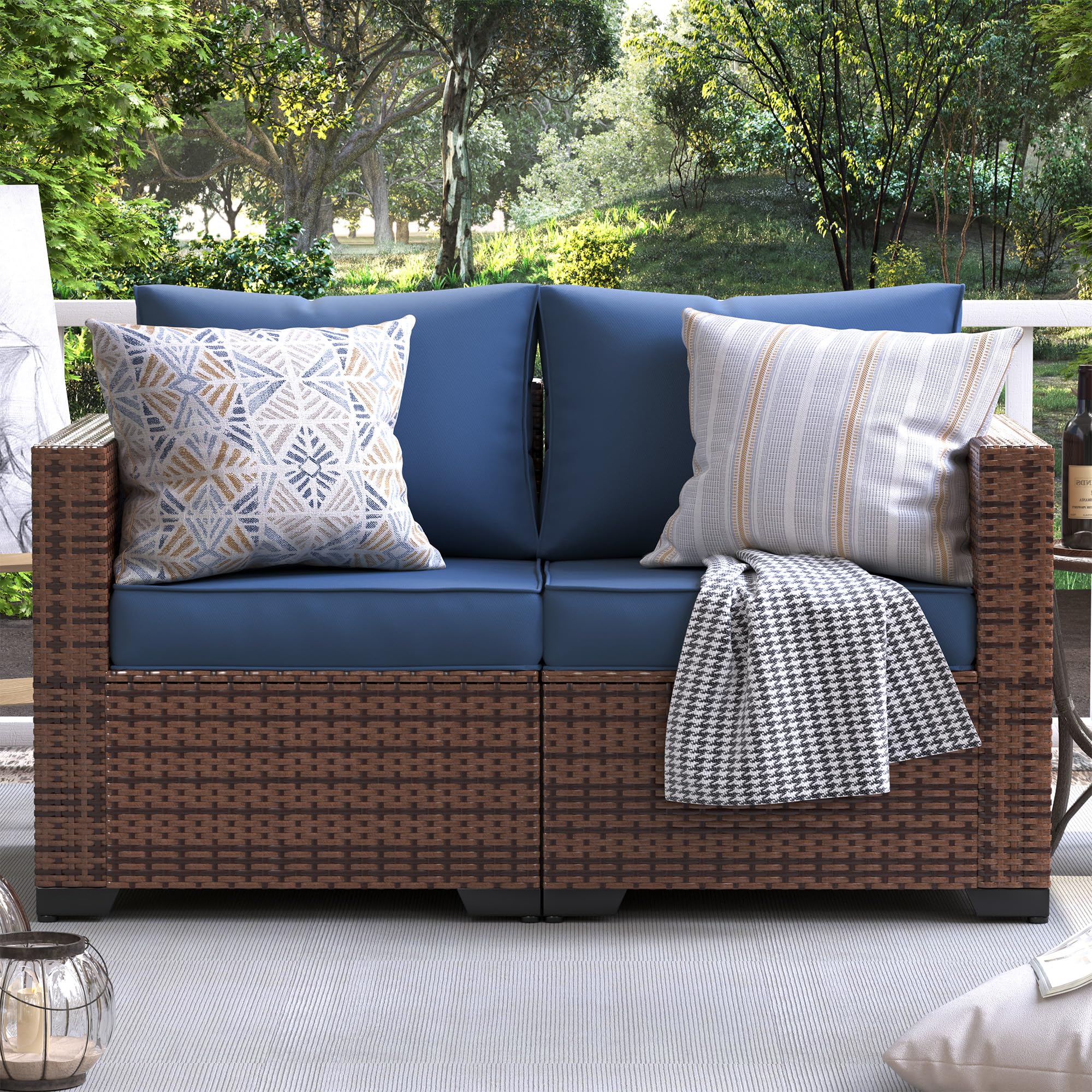 **UDPATIO Outdoor Wicker Love Seat Sofa Set - Navy Blue Rattan Sectional Couch with Steel Frame, Non-Slip Cushions & Deep Seating High Back - Perfect for Patio, Garden, Poolside & Backyard Relaxation**