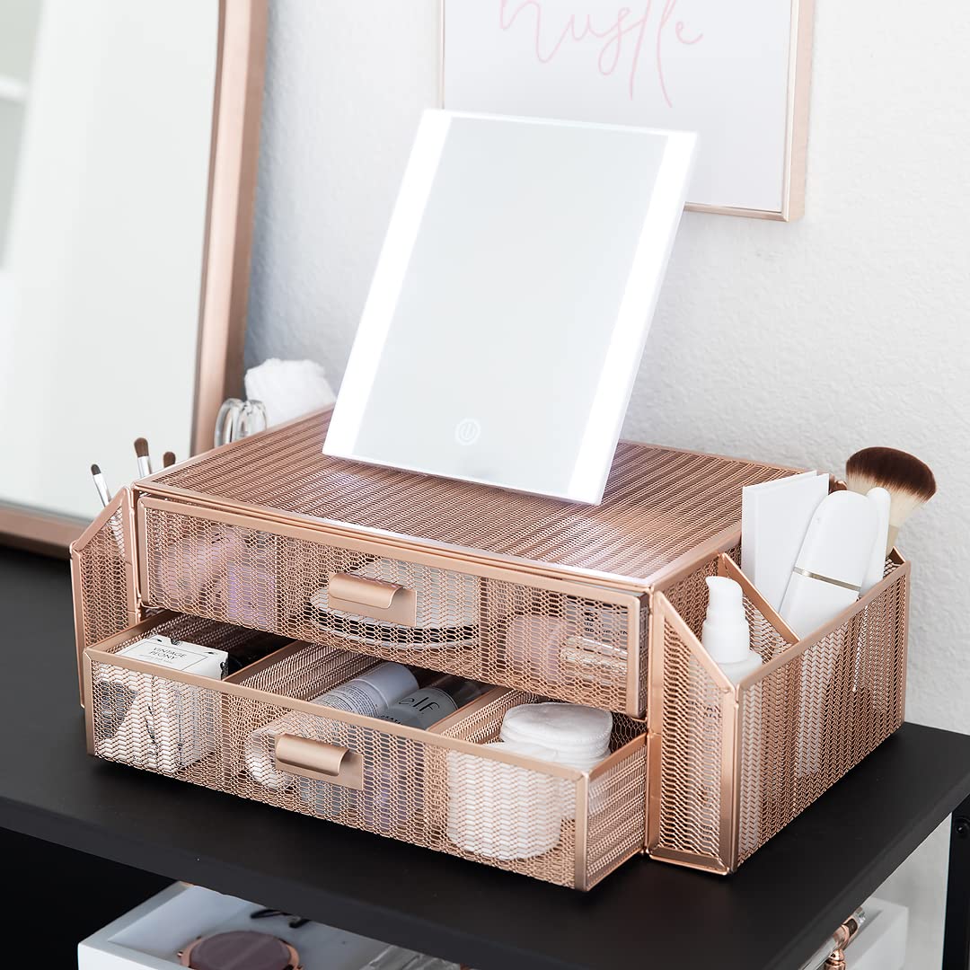 Blu Monaco Rose Gold Monitor Stand with Drawer – Premium Computer Monitor Riser with Storage – Ergonomic Laptop Stand for Home & Office Desk – Space Saving Desk Organizer with Drawers – Perfect for Workspace Organization & Home Office Setup