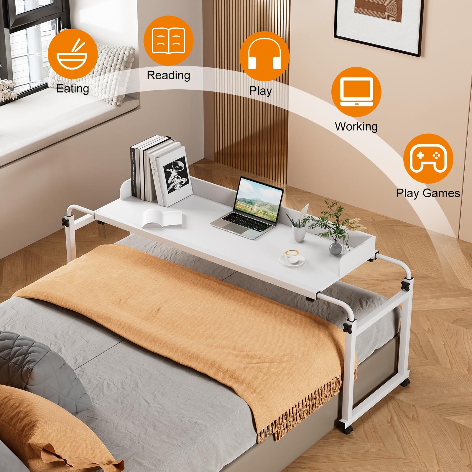 Adjustable Height Overbed Table with Wheels - Portable Rolling Desk for Laptop, Standing Workstation - Ideal for Hospital, Home Office & Bedroom Use - White Mobile Table with Raised Edge