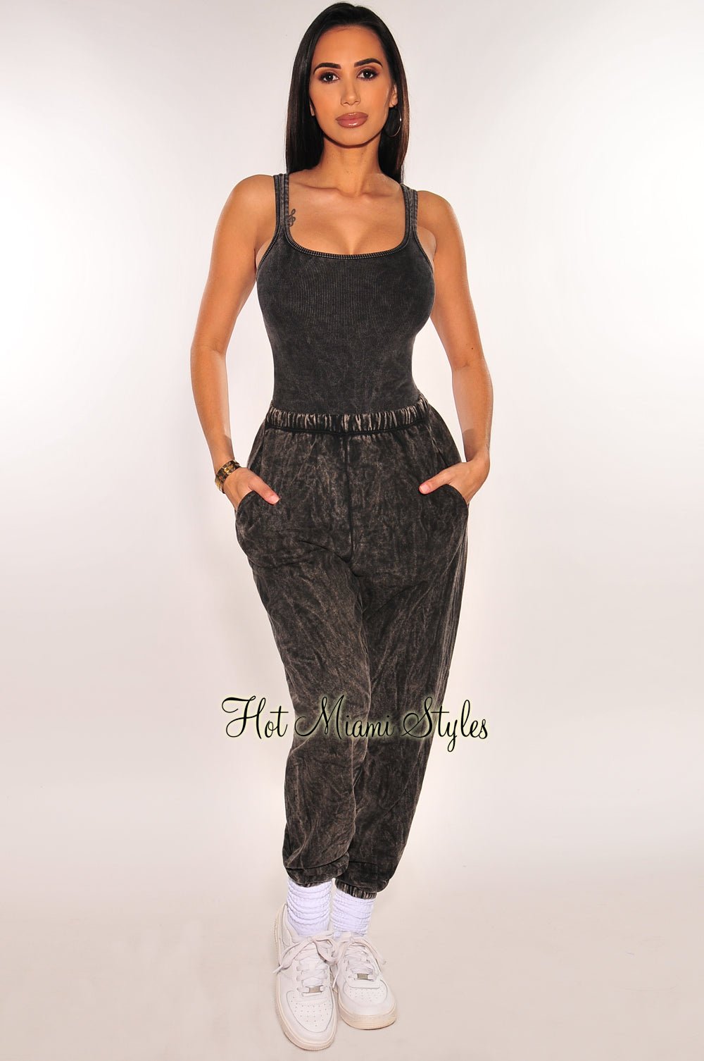 Vintage Black Distressed Wash Bodysuit & Jogger Pants 2-Piece Set for Women | Casual Streetwear Outfit | Perfect for Gym, Lounge & Everyday Wear