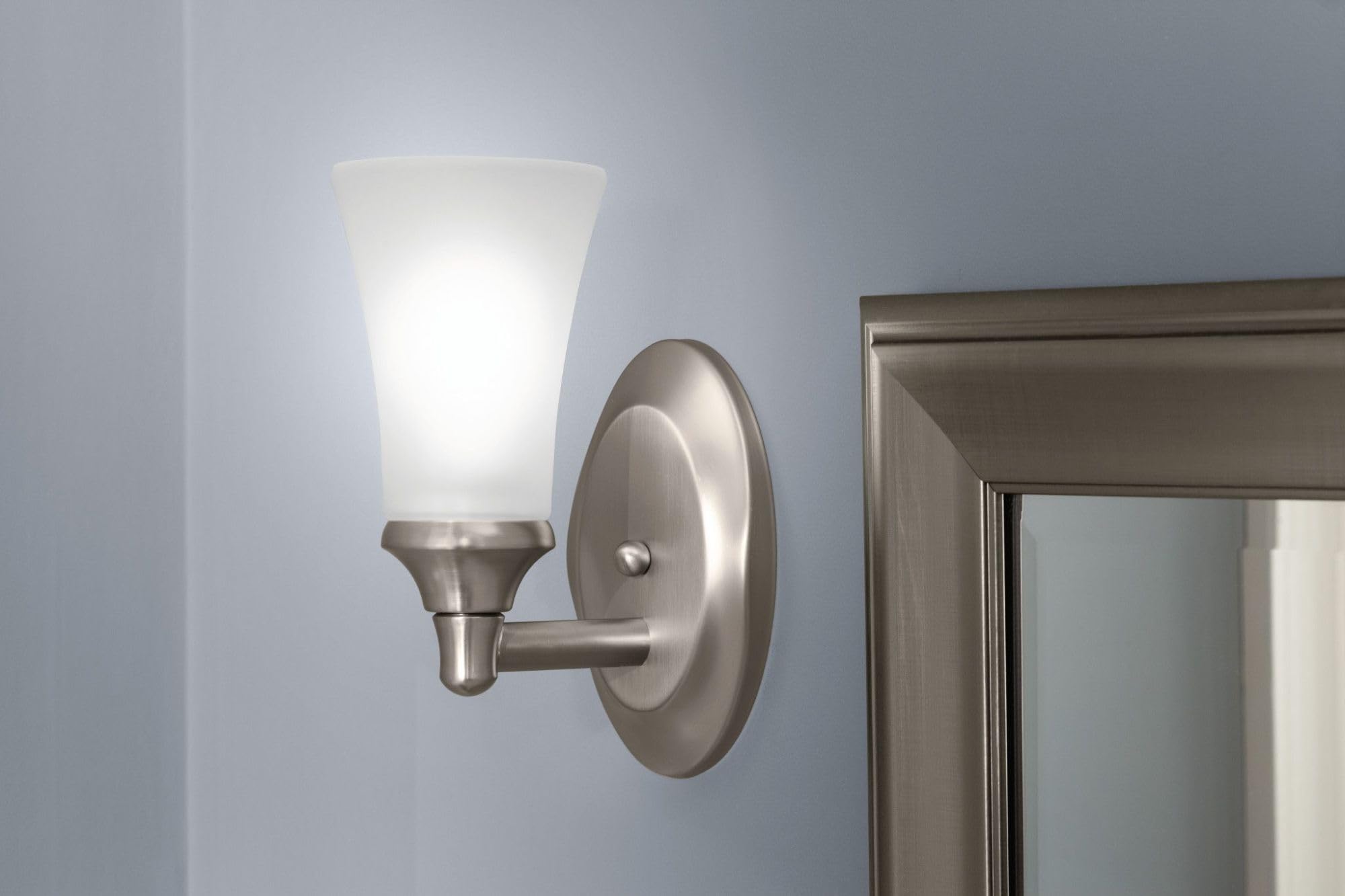 Moen YB2861BN Eva 1-Light Brushed Nickel Bathroom Vanity Light Fixture with Frosted Glass - Perfect for Modern Bathrooms, Powder Rooms & Spa-Style Decor