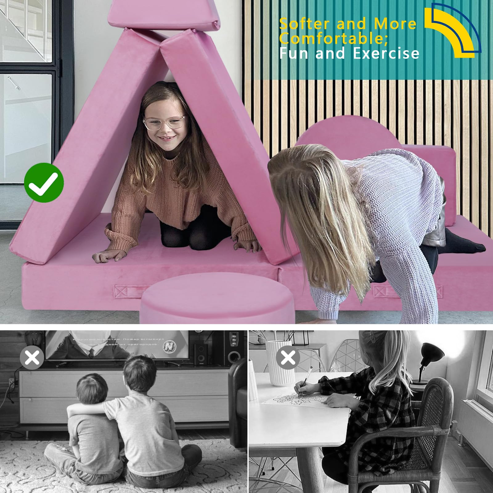 MeMoreCool 8-Piece Modular Kids Play Couch - Convertible Foam Toddler Sofa Set for Playroom & Nursery, Soft Pink Play Furniture for Indoor Playtime & Reading Nook