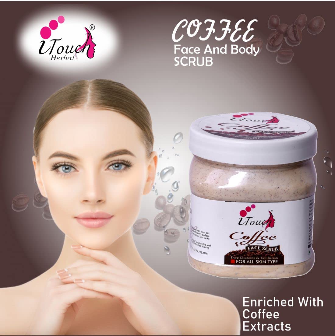 I TOUCH HERBAL Coffee Scrub (500 ml) - Skin Brightening & Tan Removal Body Scrub | Sulphate & Paraben Free, 100% Vegan | Exfoliating & Moisturizing for Smooth Skin - Perfect for Spa Day & Self-Care Routine