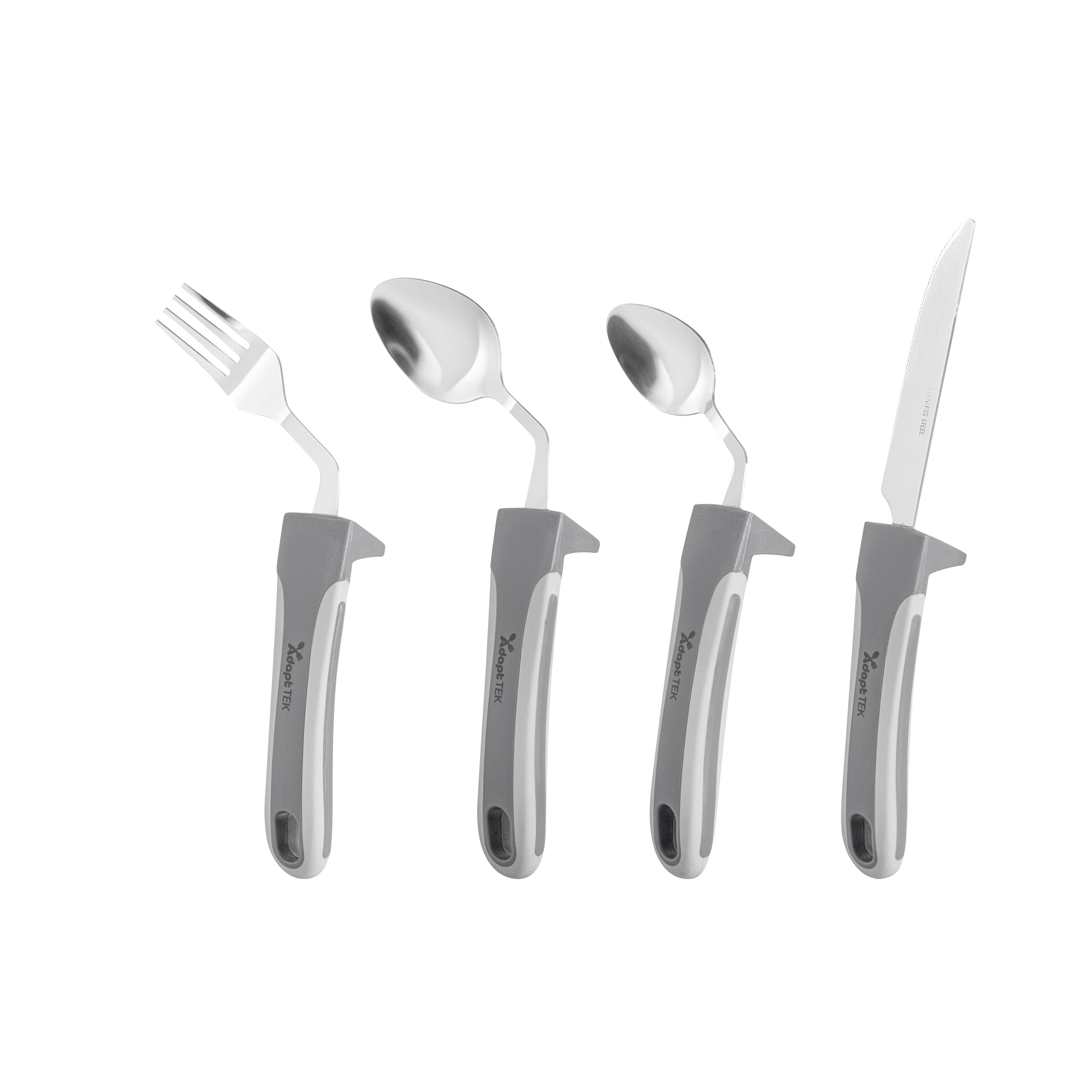 Adapt Tek Gray Stainless Steel 4-Piece Adaptive Offset Utensil Set for Right-Handed Users - Lightweight, Non-Slip Grip - Perfect for Arthritis & Limited Mobility (1 Count Box) - Ideal for Cooking, Baking & Everyday Kitchen Tasks