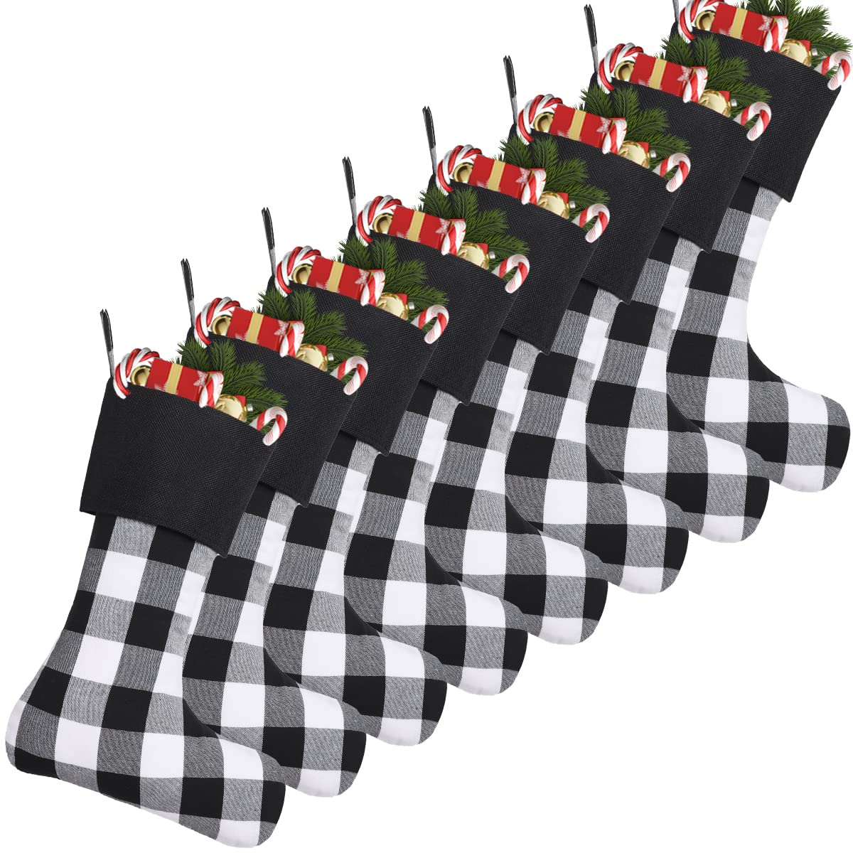 8 Pack Christmas Stockings - 18 Inch Buffalo Plaid Personalized Stockings for Family Holiday Decor, Xmas Party Supplies (Black Cuff/Black White Plaid) - Perfect for Fireplace Mantel, Gift Exchange & Festive Home Decor