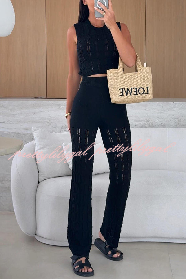 Women's Solid Color Hollow Sleeveless Round Neck Knitted Vest & Stretch Casual Straight Pants Set - Comfortable Summer Outfit for Beach, Travel and Daily Wear
