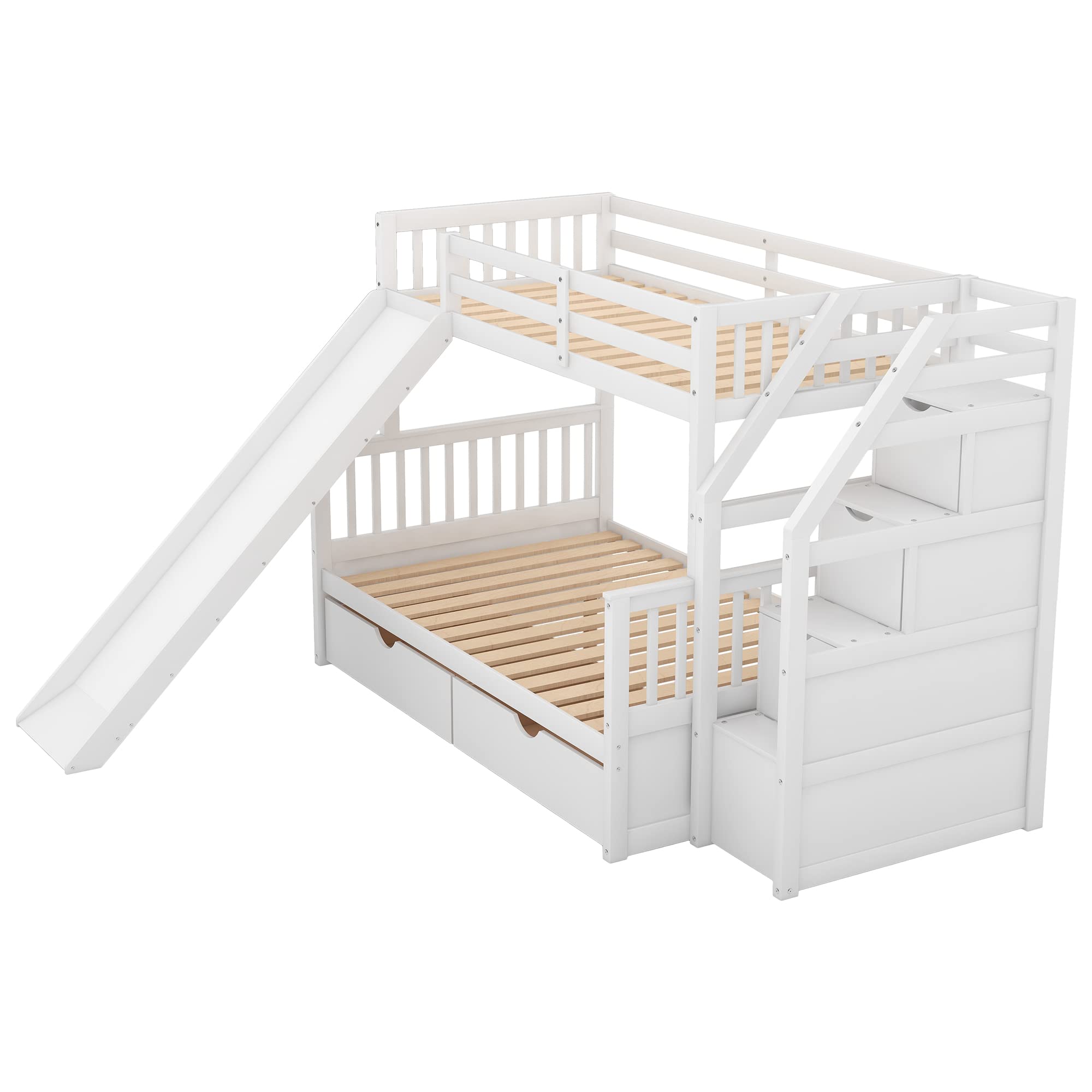Twin Over Full Bunk Bed with Stairs & Slide - Solid Wood Kids Bunk Bed Frame with Storage Drawers for Boys & Girls (White) | Space-Saving Bedroom Solution for Siblings & Sleepovers