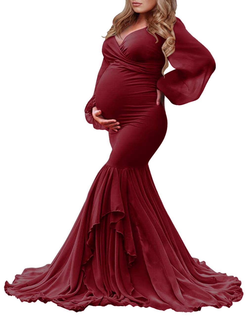 Saslax Elegant Long Chiffon Sleeve Mermaid Maternity Dress for Photoshoot, Baby Shower, Pregnancy Photos & Special Occasions - Comfortable & Stylish Pregnancy Gown