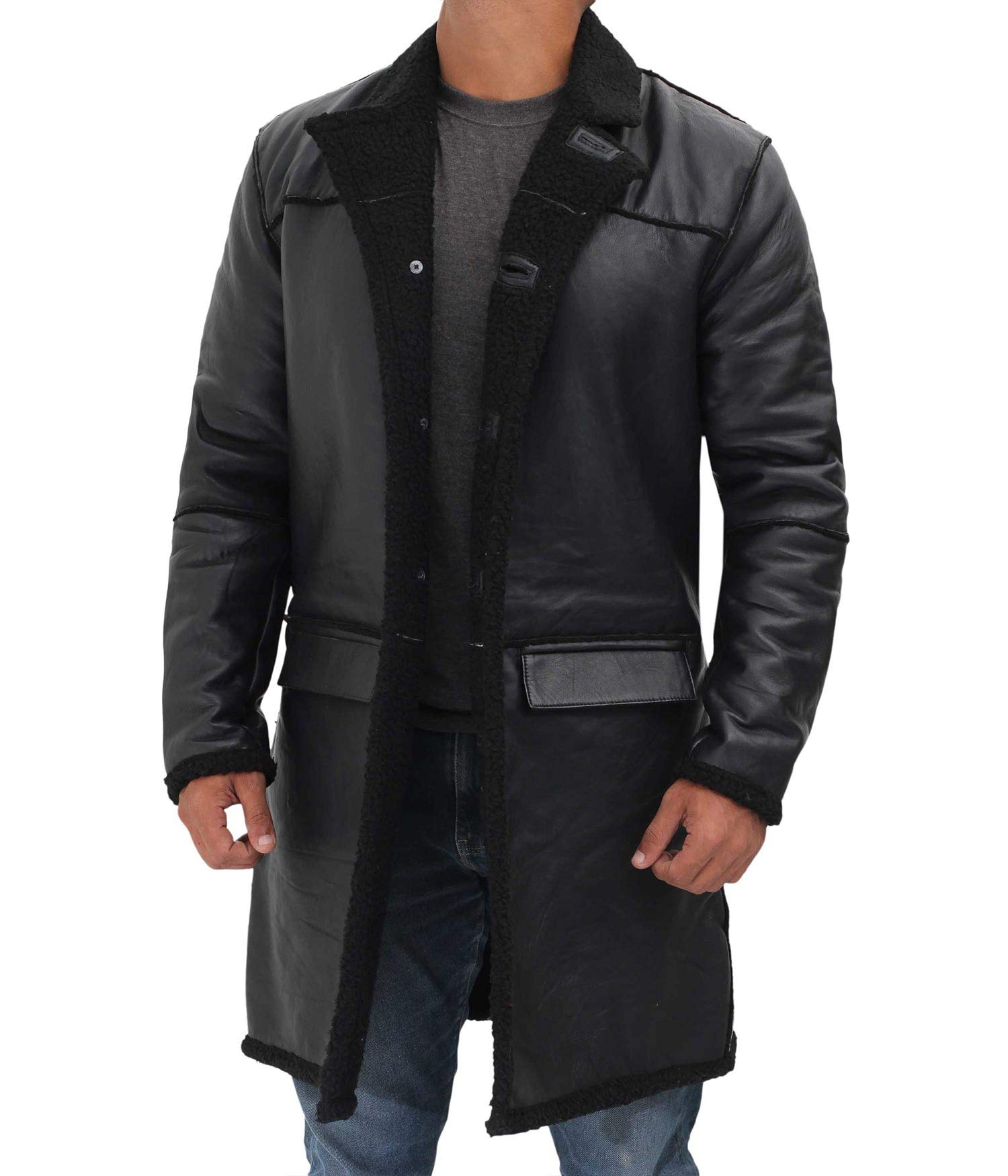 Blingsoul Men's Black & Brown Shearling Leather Trench Coat - Winter Warm Jacket for Stylish Outfits | Office, Dating & Outdoor Wear