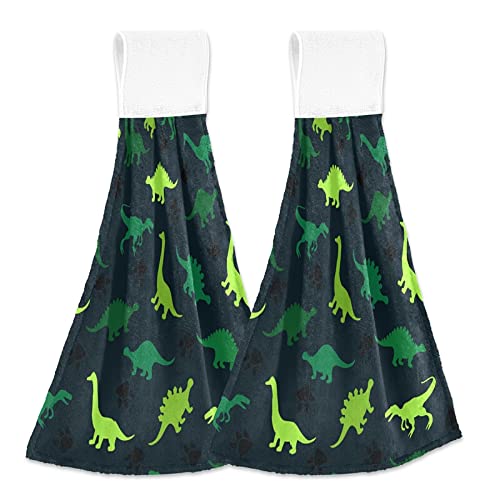 **Green Dinosaur & Black Cat Paws Kitchen Towels - 2-Pack Super Absorbent Hanging Hand Towels with Loops for Oven, Dish Drying, Tea Bar & Bathroom**    *(Use for kitchen, bathroom, bar, or as a stylish decorative hand towel!)*