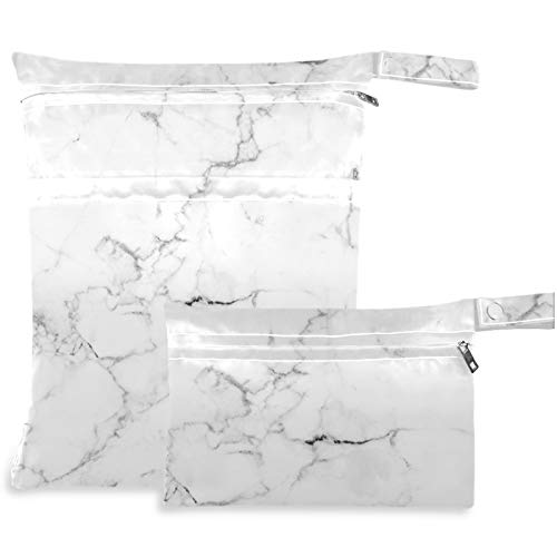 Visesunny White Marble Modern 2-Piece Wet Bag Set with Zippered Pockets - Washable & Reusable Travel Wet Dry Bag for Beach, Pool, Gym, Daycare - Perfect for Swimsuits, Diapers, Toiletries & Dirty Clothes - Great for Travel, Baby Care & Sports Activities