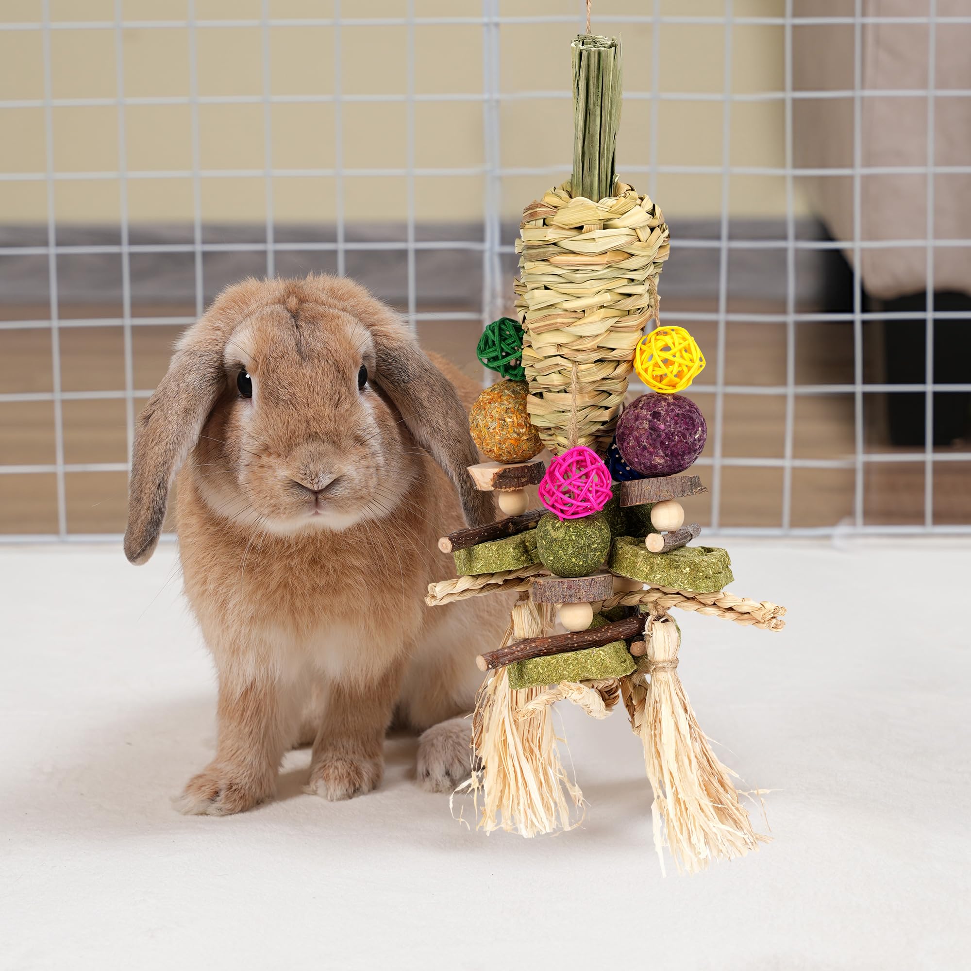 Natural Woven Carrot Chew Toys for Rabbits, Guinea Pigs, Hamsters & Small Pets - Hanging Cage Treat Dispenser with Snacks - Perfect for Teeth Grinding & Boredom Relief - Great for Cage Enrichment & Playtime