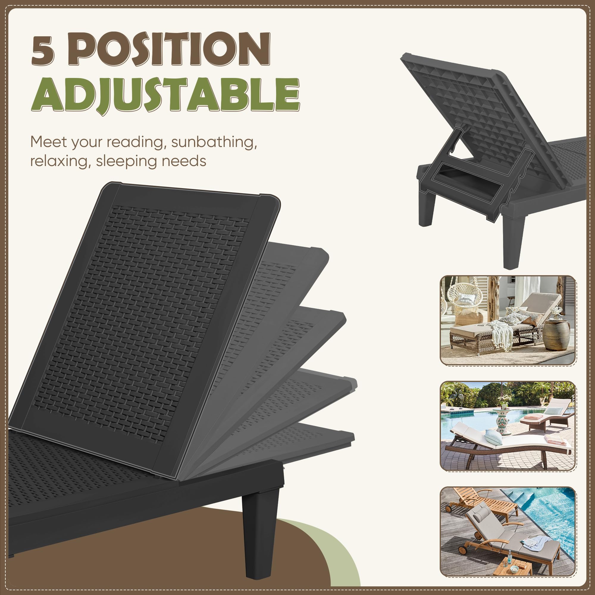 Flamaker Outdoor Lounge Chairs - Waterproof PE Wicker Chaise Lounge with 5-Position Adjustable Backrest, Easy Assembly Patio Furniture for Poolside, Deck, Garden, Beach & Backyard (Black) - Perfect for Sunbathing, Relaxing and Outdoor Lounging
