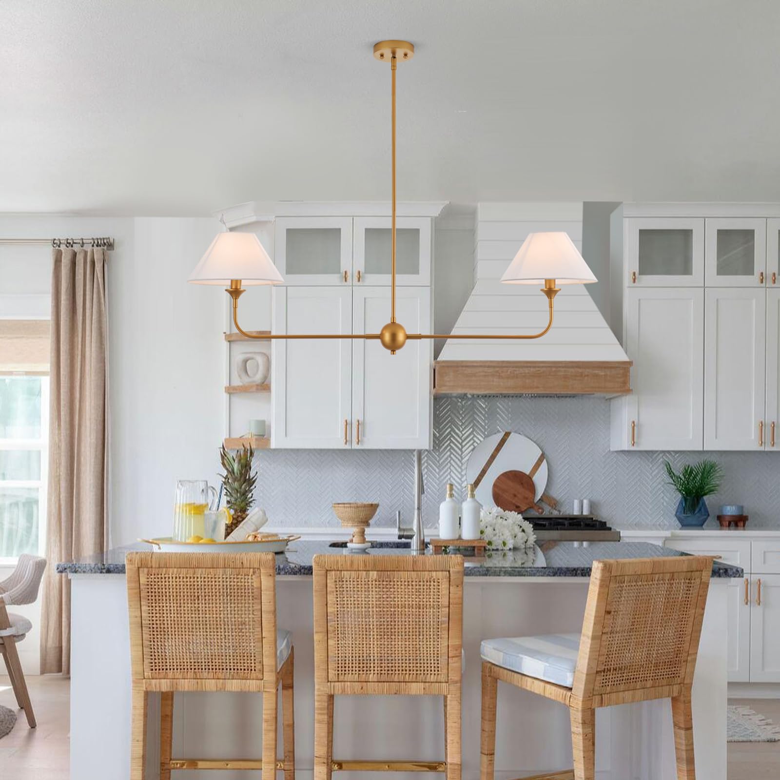 Modern Gold Linear Chandelier with Off-White Fabric Shade - Rustic Pendant Lighting for Dining Room & Kitchen Island - Perfect for Farmhouse, Industrial & Contemporary Home Decor