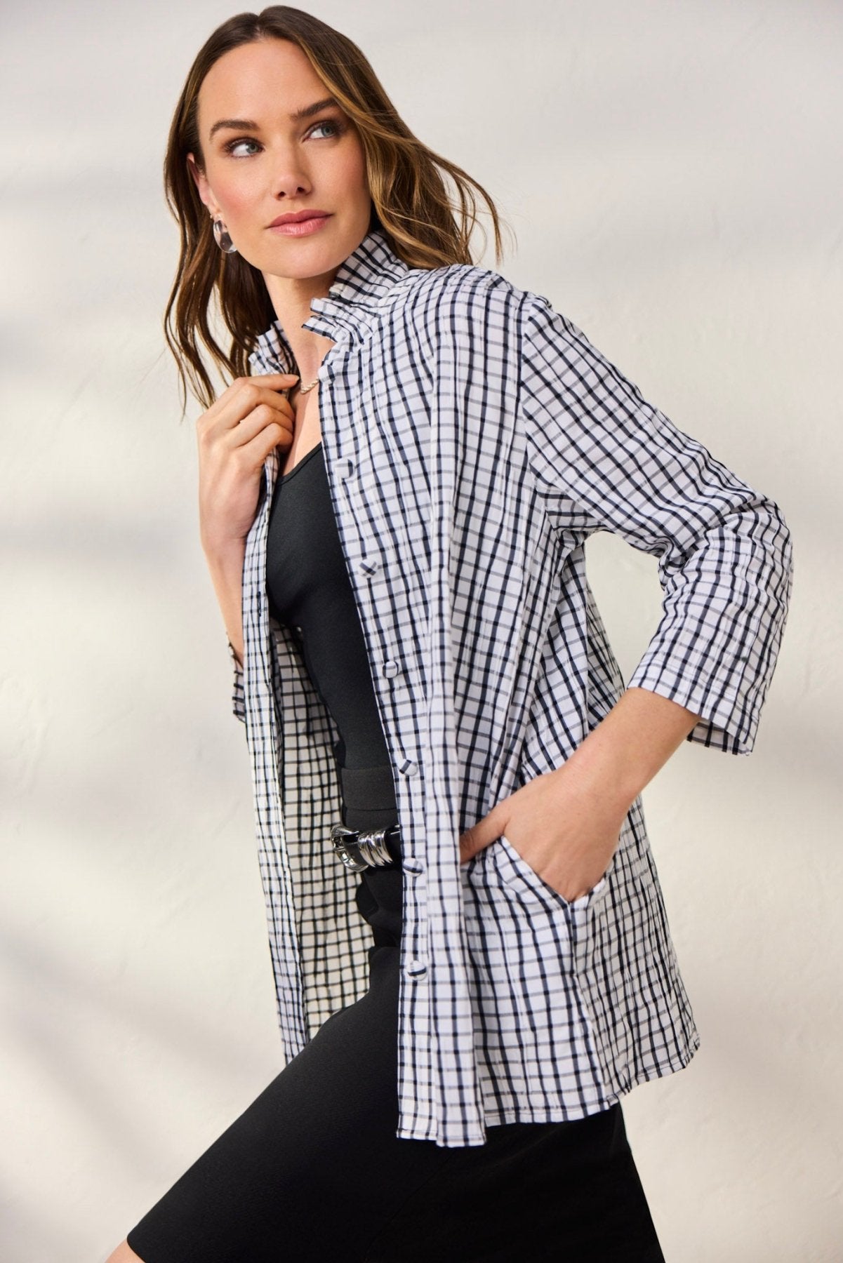 Carolina Crinkle 3/4 Sleeve Shirt Jacket for Women - Stylish Wrinkle-Resistant Lightweight Layering Top | Perfect for Office Wear, Casual Outfits & Spring Fashion