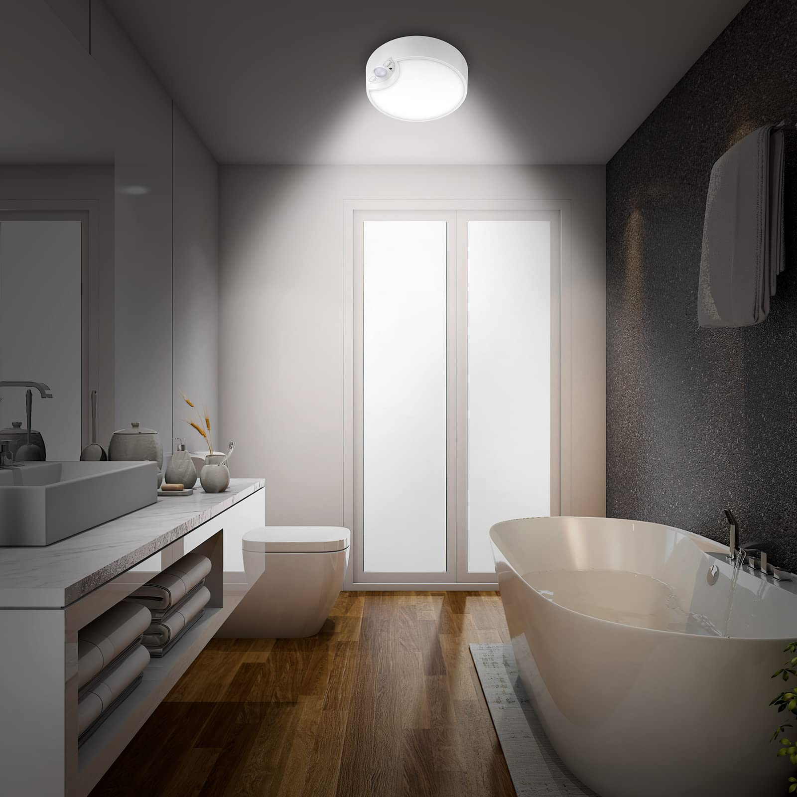 AMIR 7.48 Inch Motion Sensor Ceiling Light - Battery Operated LED Light (300LM) for Bedroom, Bathroom, Stairs, Hallway, Basement, Garage, Closet & Pantry - Energy Saving Automatic Light for Home & Storage Rooms
