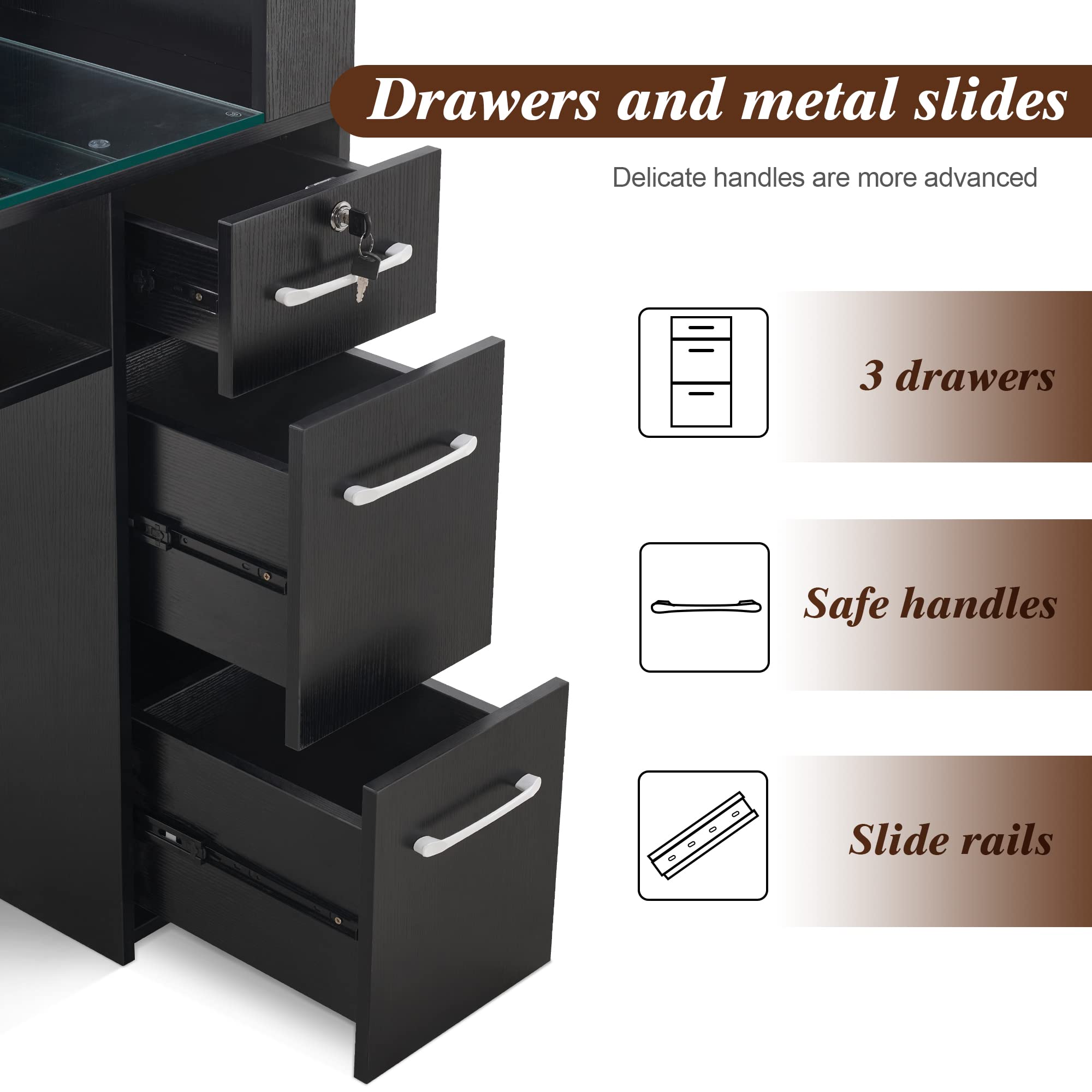 Professional BarberPub Manicure Table with 3 Drawers & Storage Shelves - Black Spa Beauty Salon Station Nail Desk 2673 - Perfect for Nail Salons, Home Studios & Professional Barber Shops