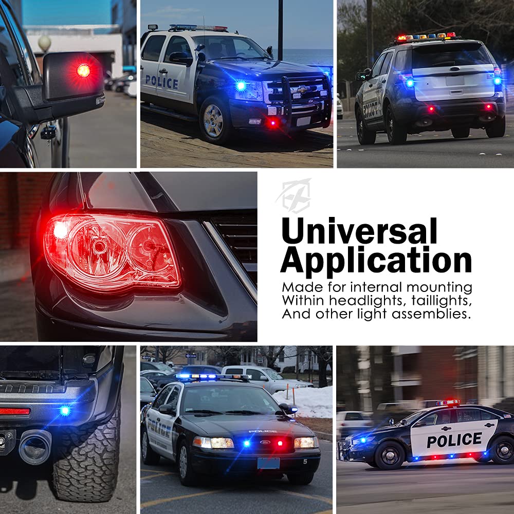 Xprite Red Blue LED Hideaway Strobe Police Lights Kit - 20 Flashing Patterns with Control Panel for Emergency Vehicles, Volunteer Cop Cars & Trucks (8PCS) - Perfect for Headlights, Taillights & Hazard Warning Mounting in Low Visibility & Emergency Situations
