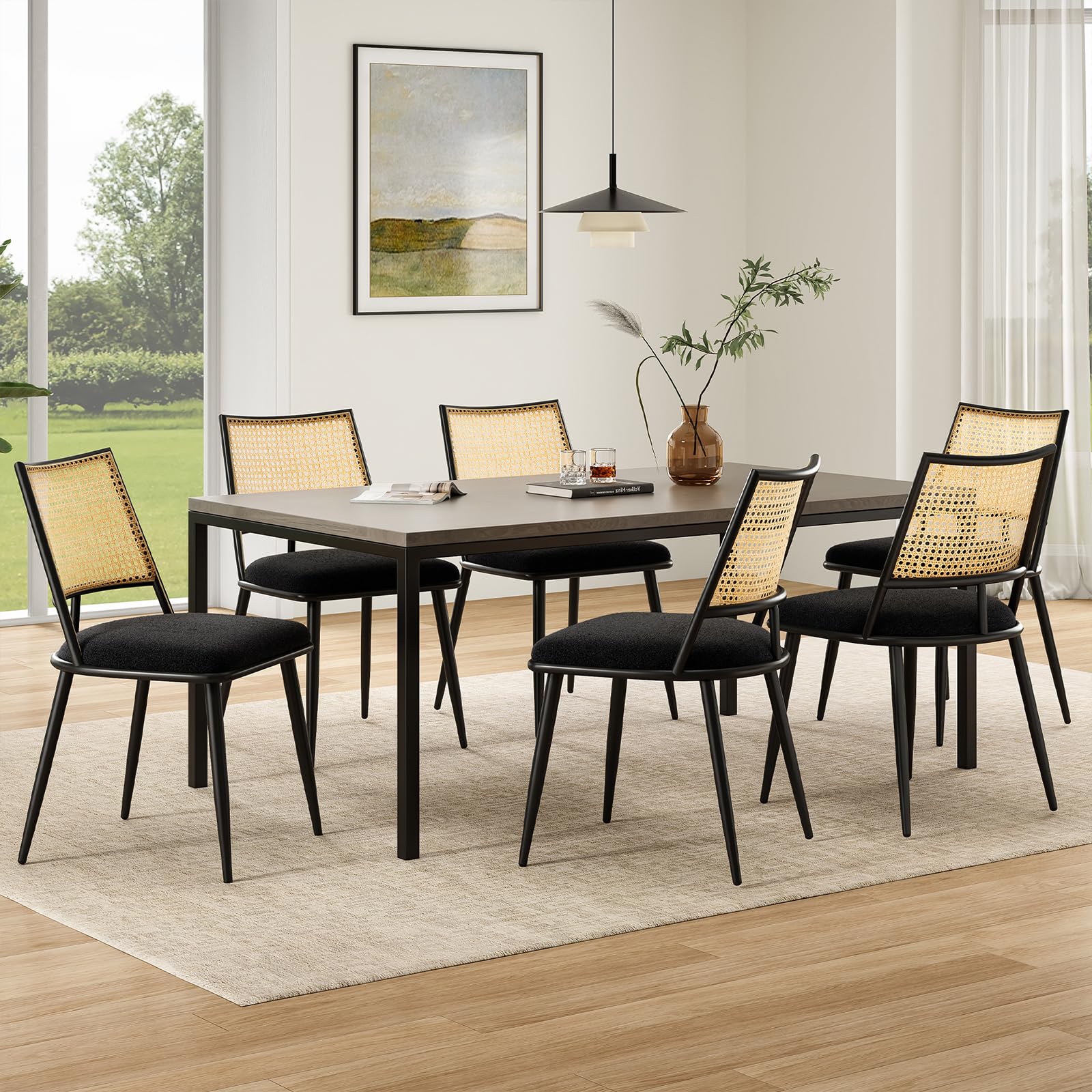 Farini Mid-Century Modern Dining Chairs Set of 2 - Rattan Backrest & Metal Frame Boucle Upholstered Kitchen Chairs for Dining Room, Kitchen, Living Room - Perfect for Small Spaces and Contemporary Home Decor (Black)