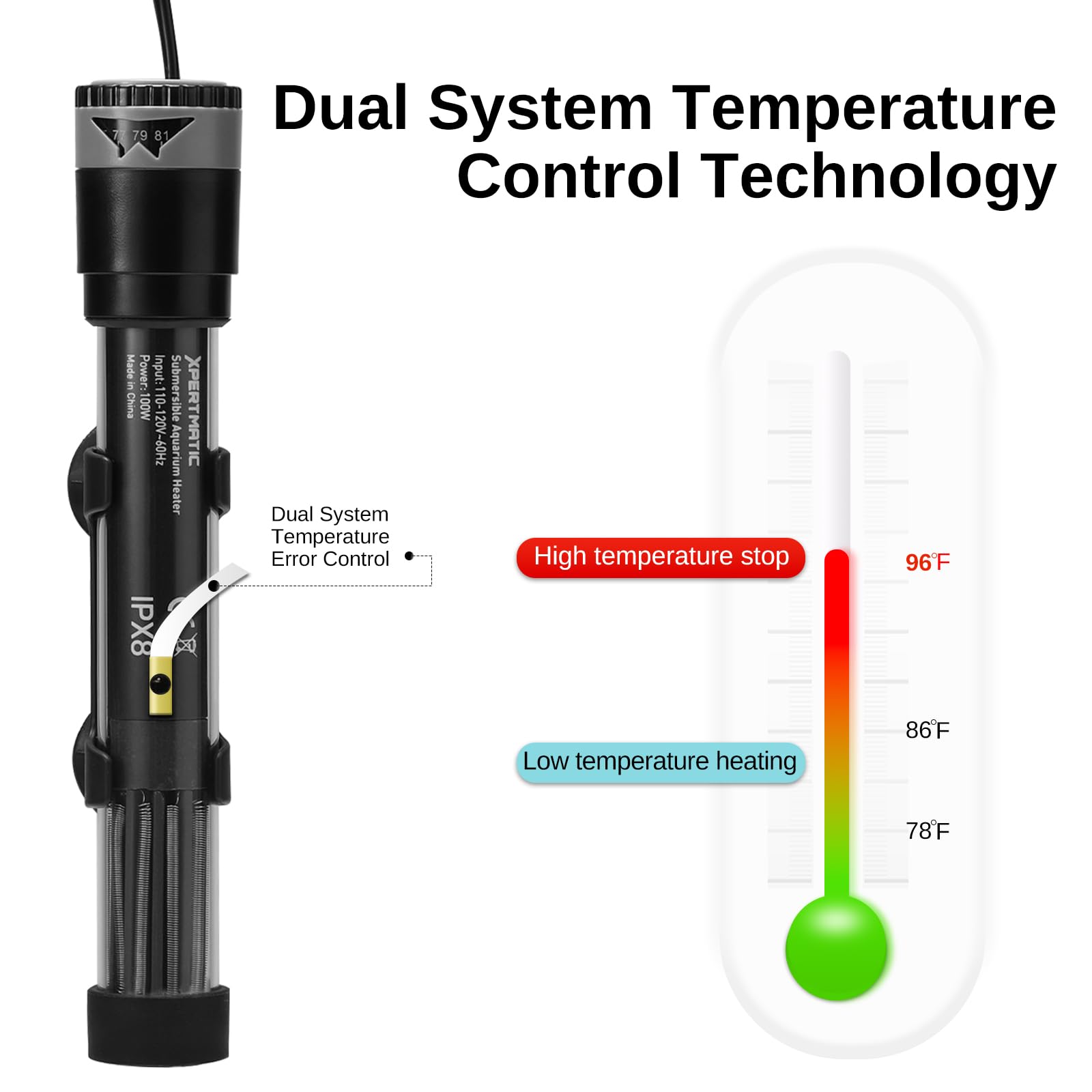SainSmart XpertMatic 100W Submersible Aquarium Heater with Adjustable Thermostat & Suction Cups - for Marine Saltwater & Freshwater Fish Tanks up to 20 Gallons - Perfect for Tropical Fish, Betta Tanks & Aquatic Pets