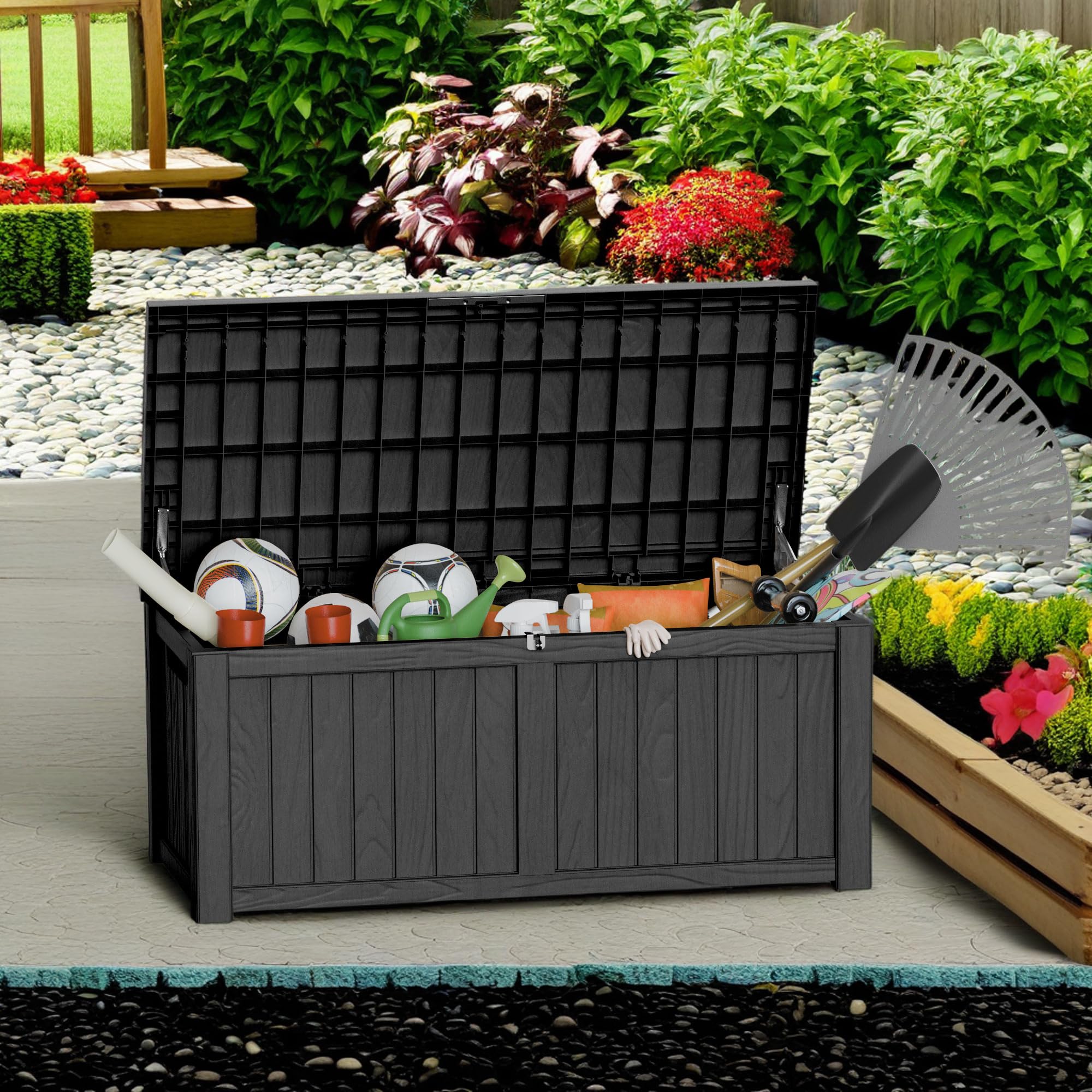 120 Gallon Lockable Resin Deck Box - Waterproof & UV-Resistant Outdoor Storage Container for Patio Cushions, Pool Toys, and Delivery Packages | Durable Black Weatherproof Storage Solution for Backyard, Garden, and Poolside Organization