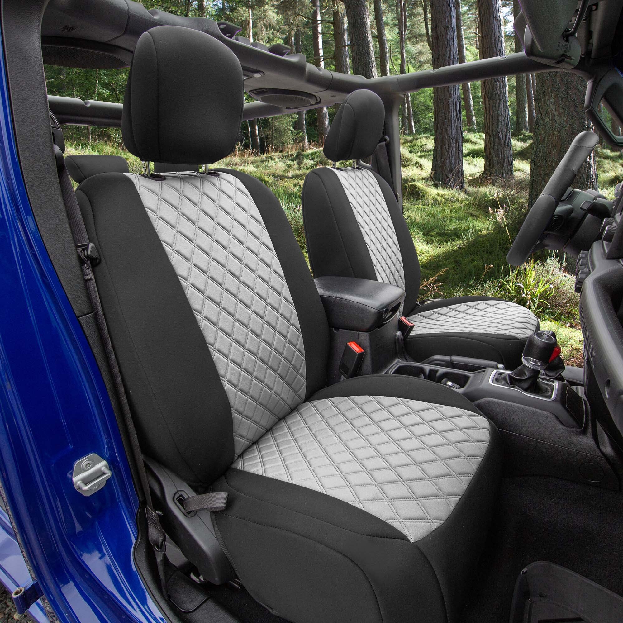 Premium Neoprene Waterproof Seat Covers for Jeep Wrangler JL 4-Door 2018-2023 - Custom Fit Front Set in Gray | All-Weather Protection & Enhanced Comfort for Off-Road Adventures & Daily Commutes