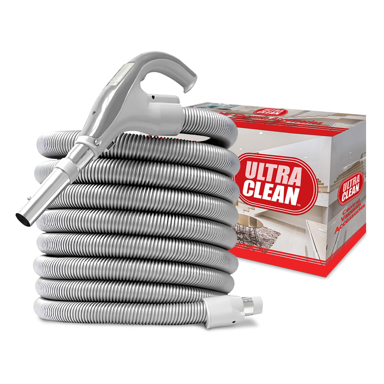ULTRA CLEAN 50ft Central Vacuum Air Hose with Pistol-Grip Handle & 24V On/Off Switch - Compatible with BEAM, Electrolux, Eureka, Nutone Vacuums - Perfect for Whole-House Cleaning, Car Detailing & Workshop Use (Button-Lock Design)